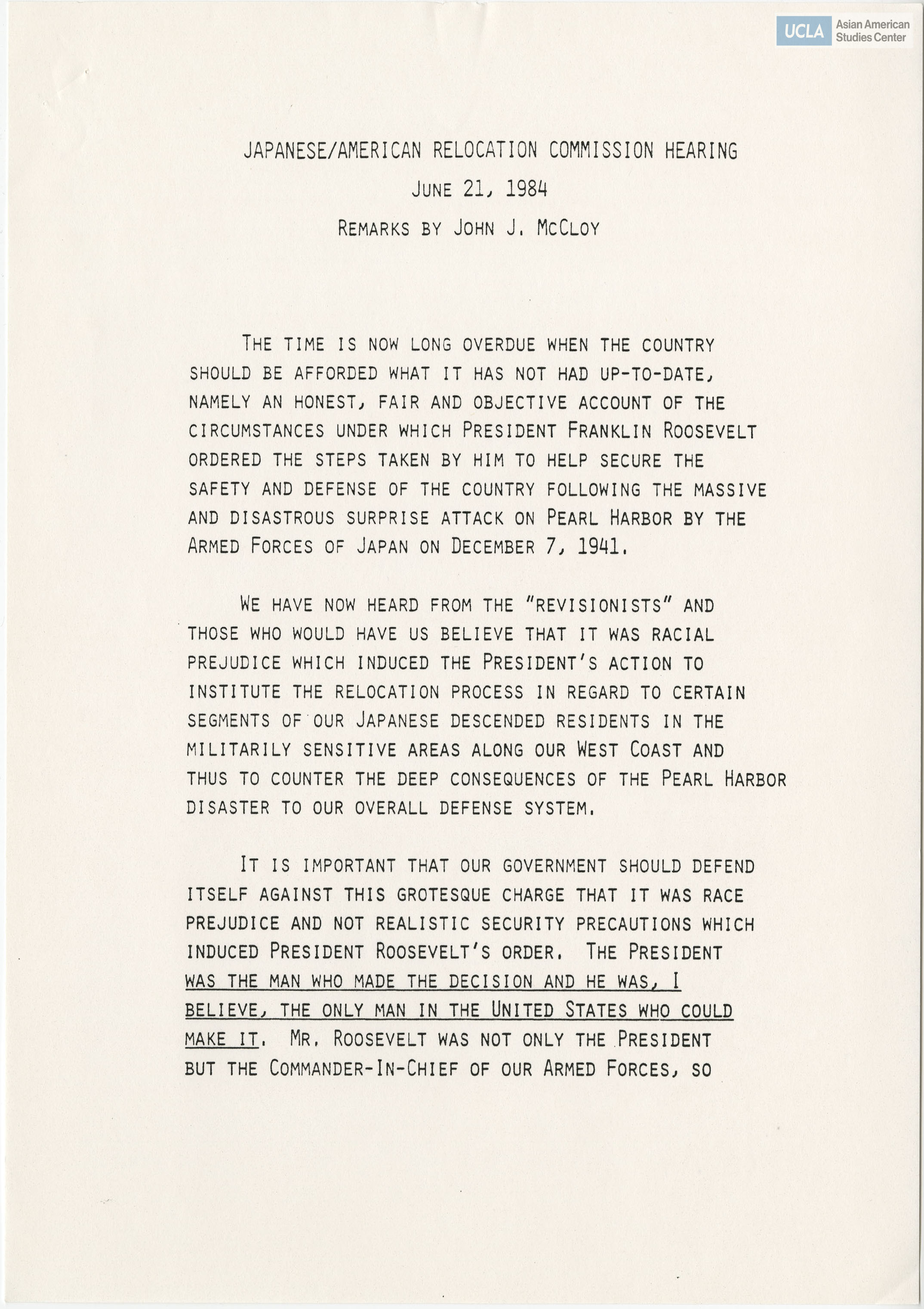 Written testimony of John J. McCloy in support of bill H.R. 4110.