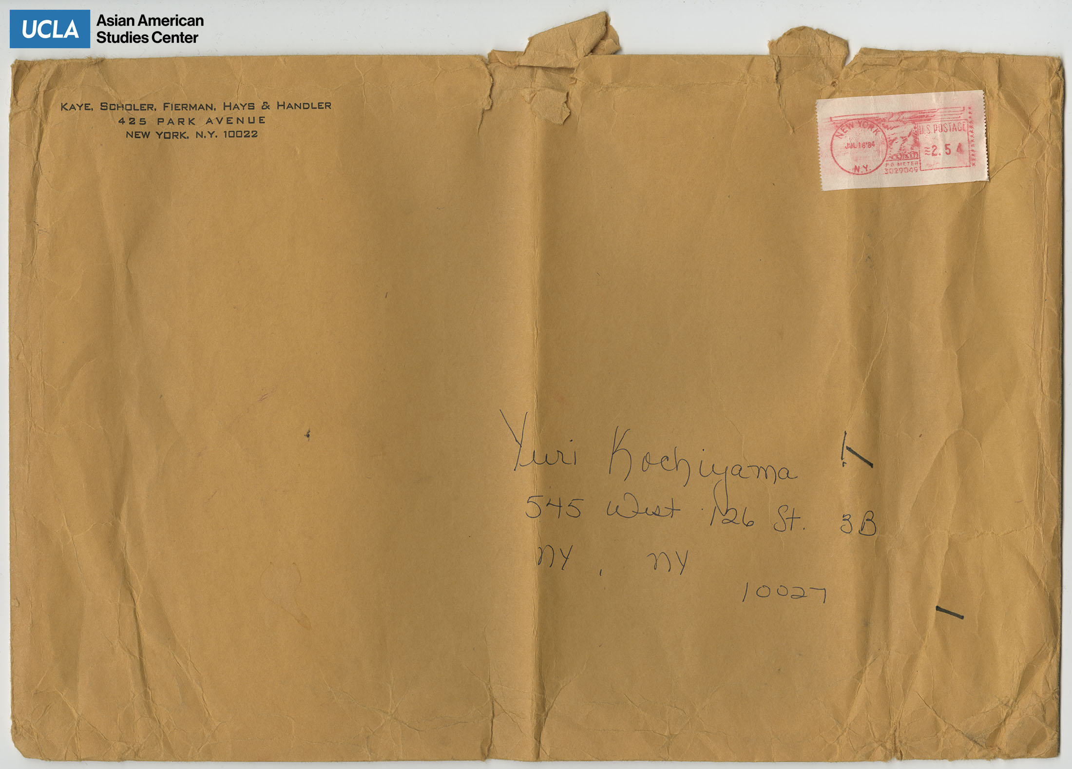 Envelope from Kaye, Scholer, Fierman, Hays and Handler. Postmarked on July 16, 1984.