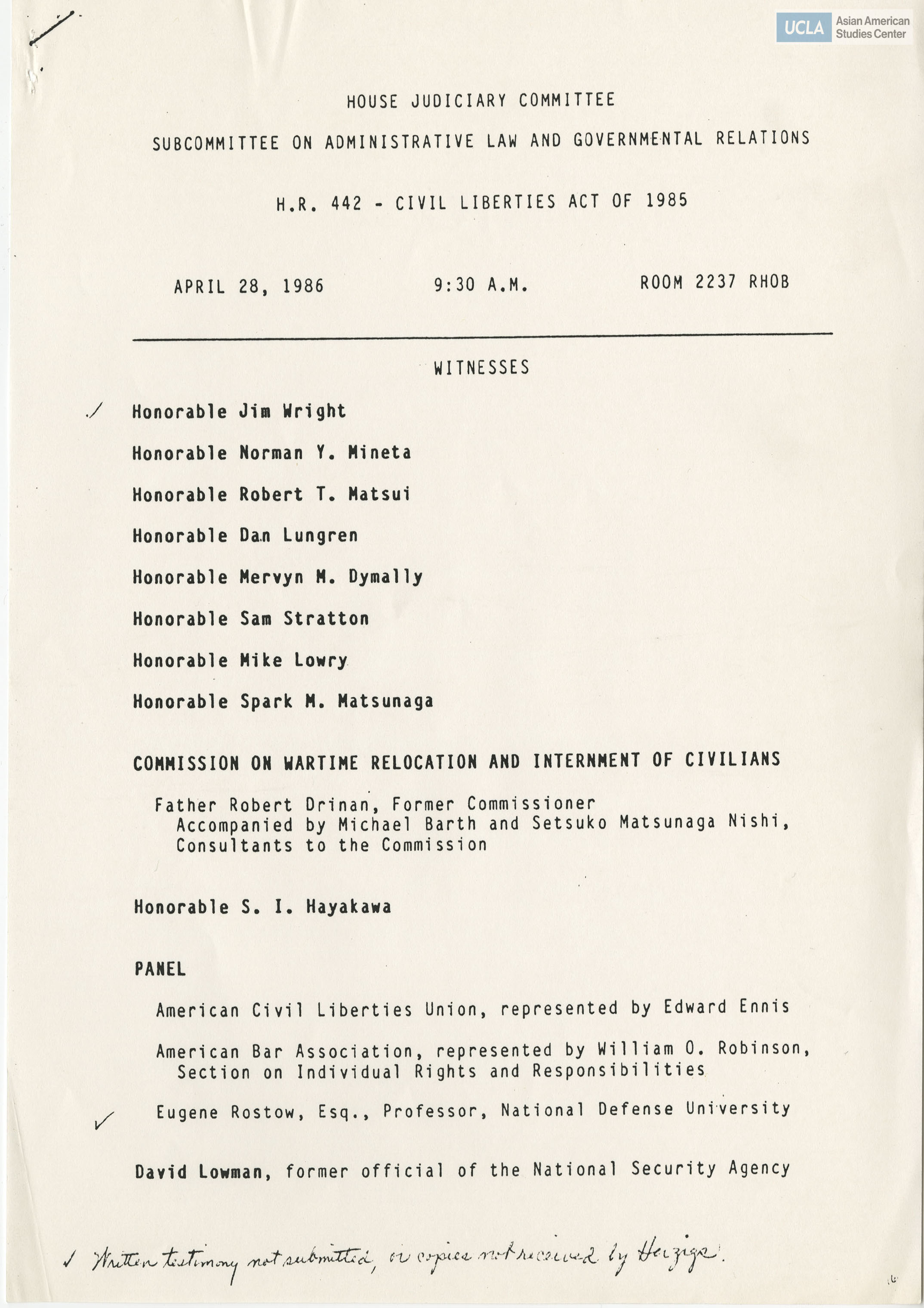 Agenda of hearing includes: witnesses, panel, and statements.