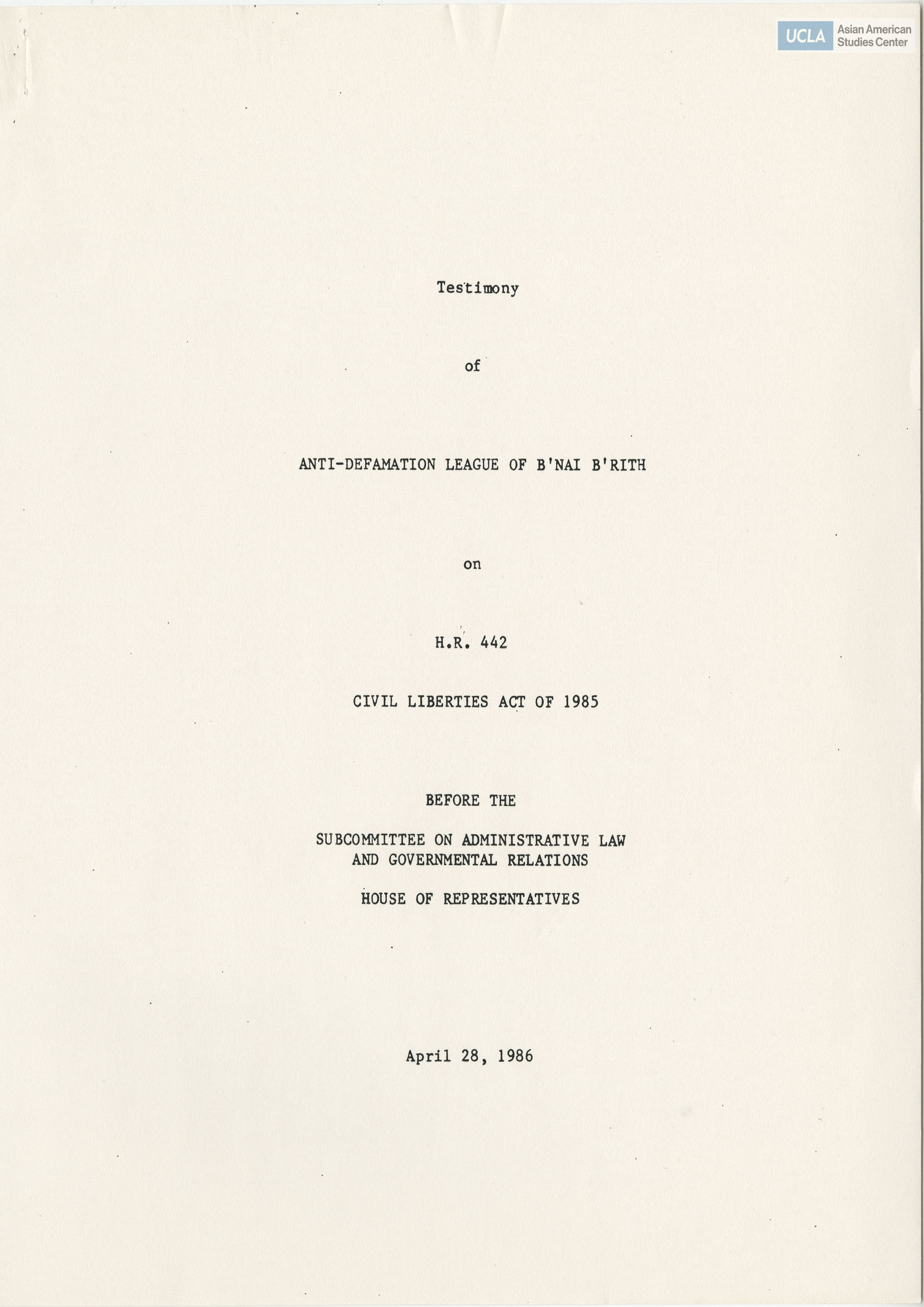 Written testimony of Anti-Defamation League of B'Nai B'rith in support of bill H.R. 442.