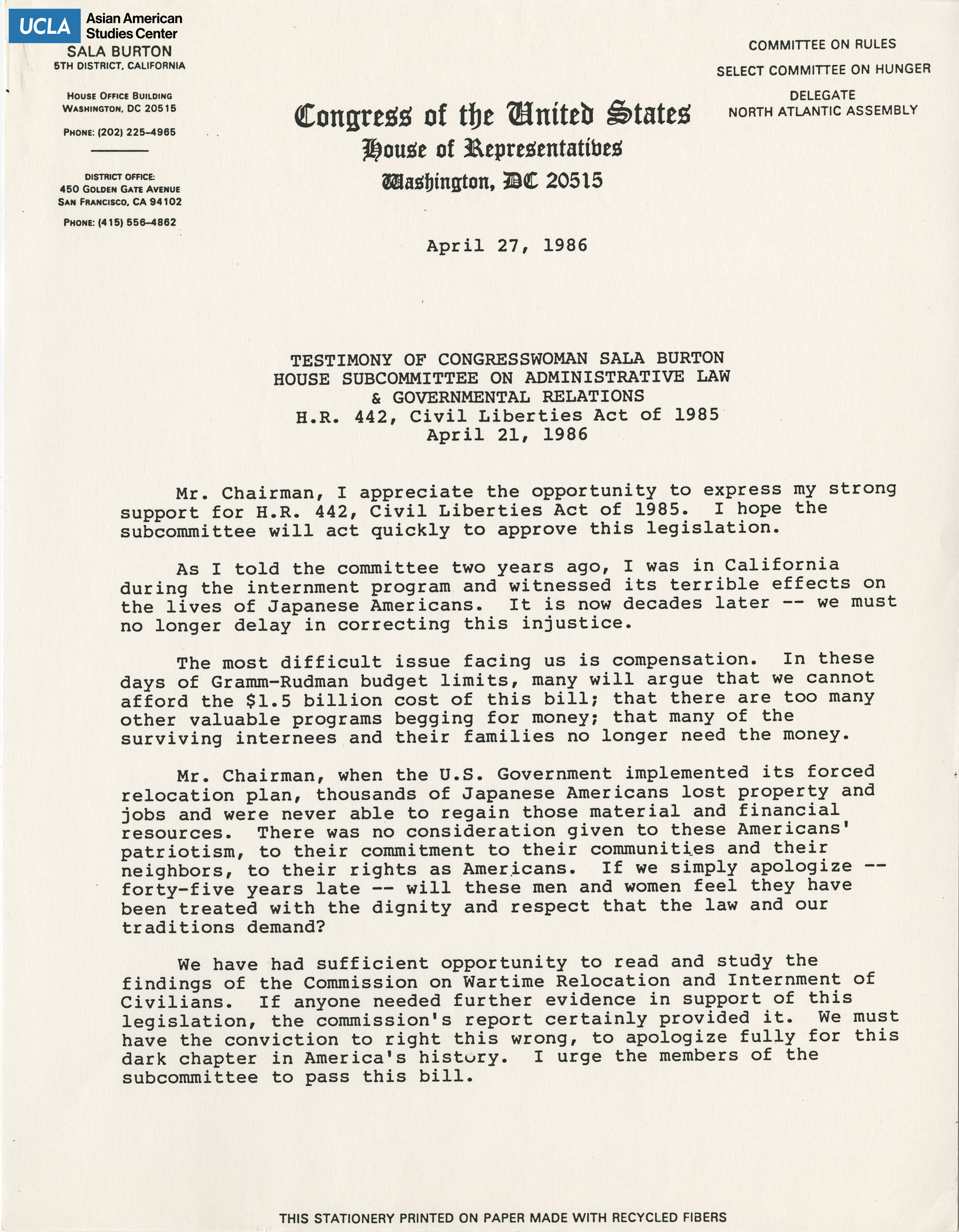 Written testimony of Sala Burton in support of bill H.R. 442.