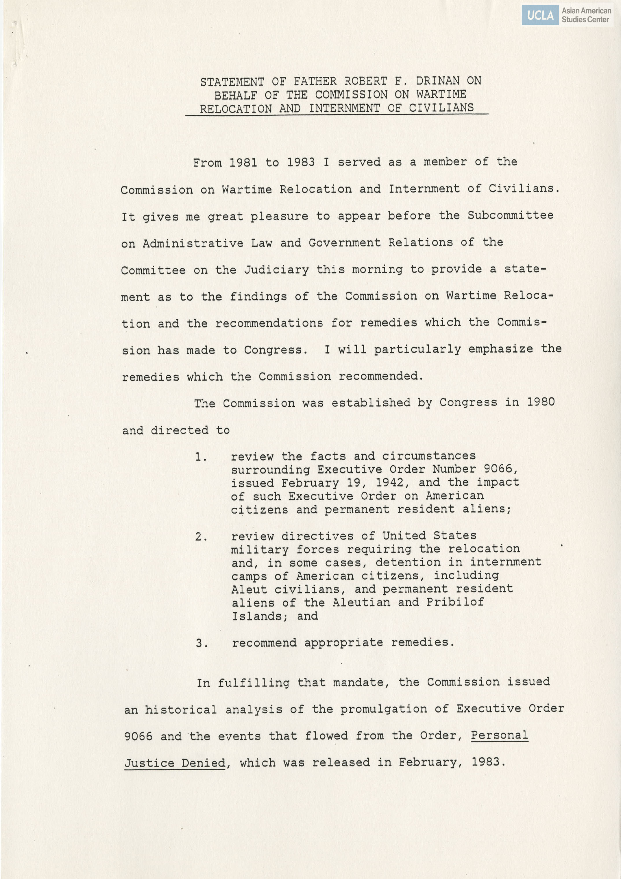 Written testimony of Father Robert F. Drinan in support of bill H.R. 4110.