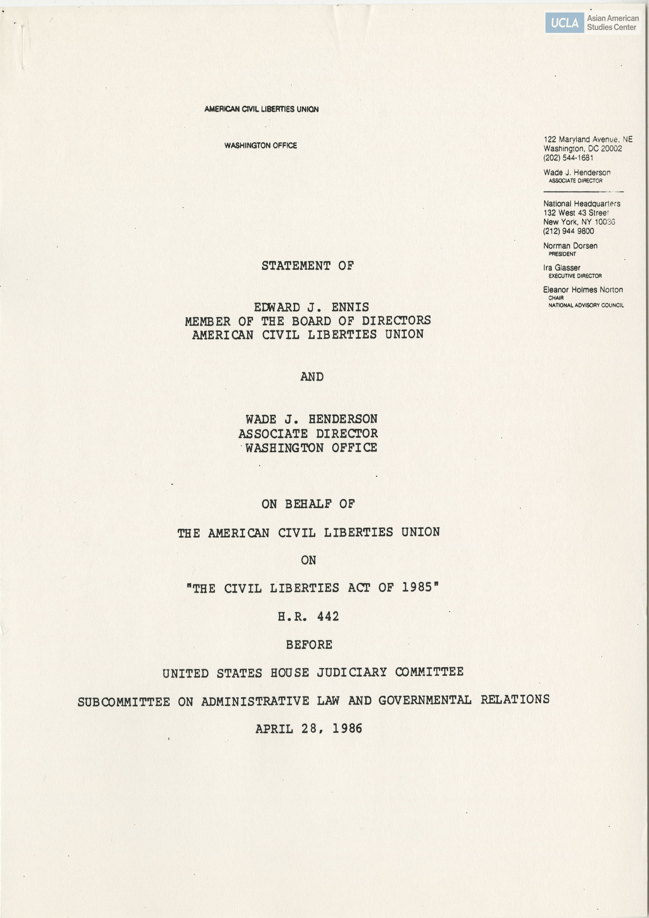 Written testimony of Edward J. Ennis in support of bill H.R. 442.