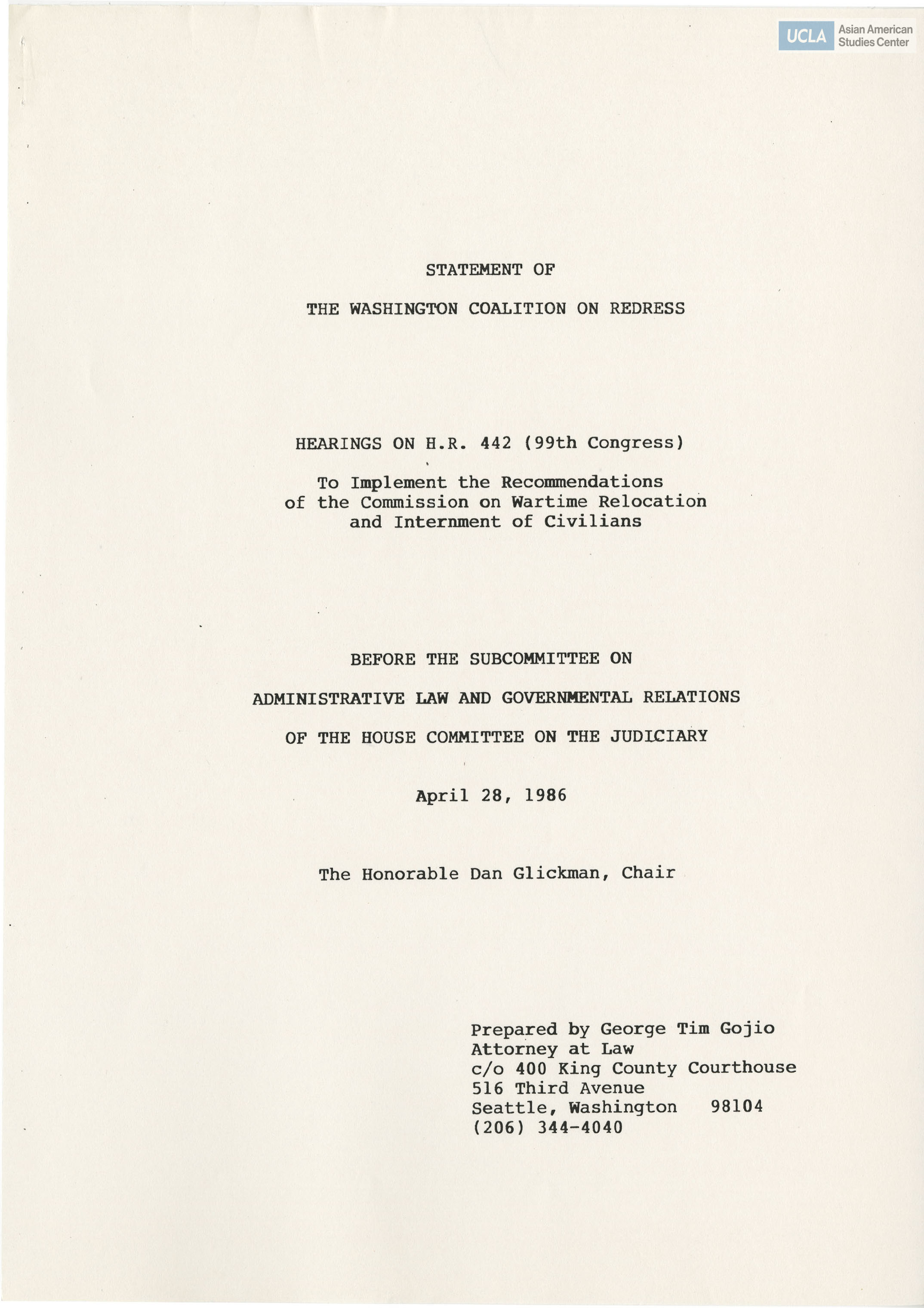 Written testimony of George Tim Gojio in support of bill H.R. 442.