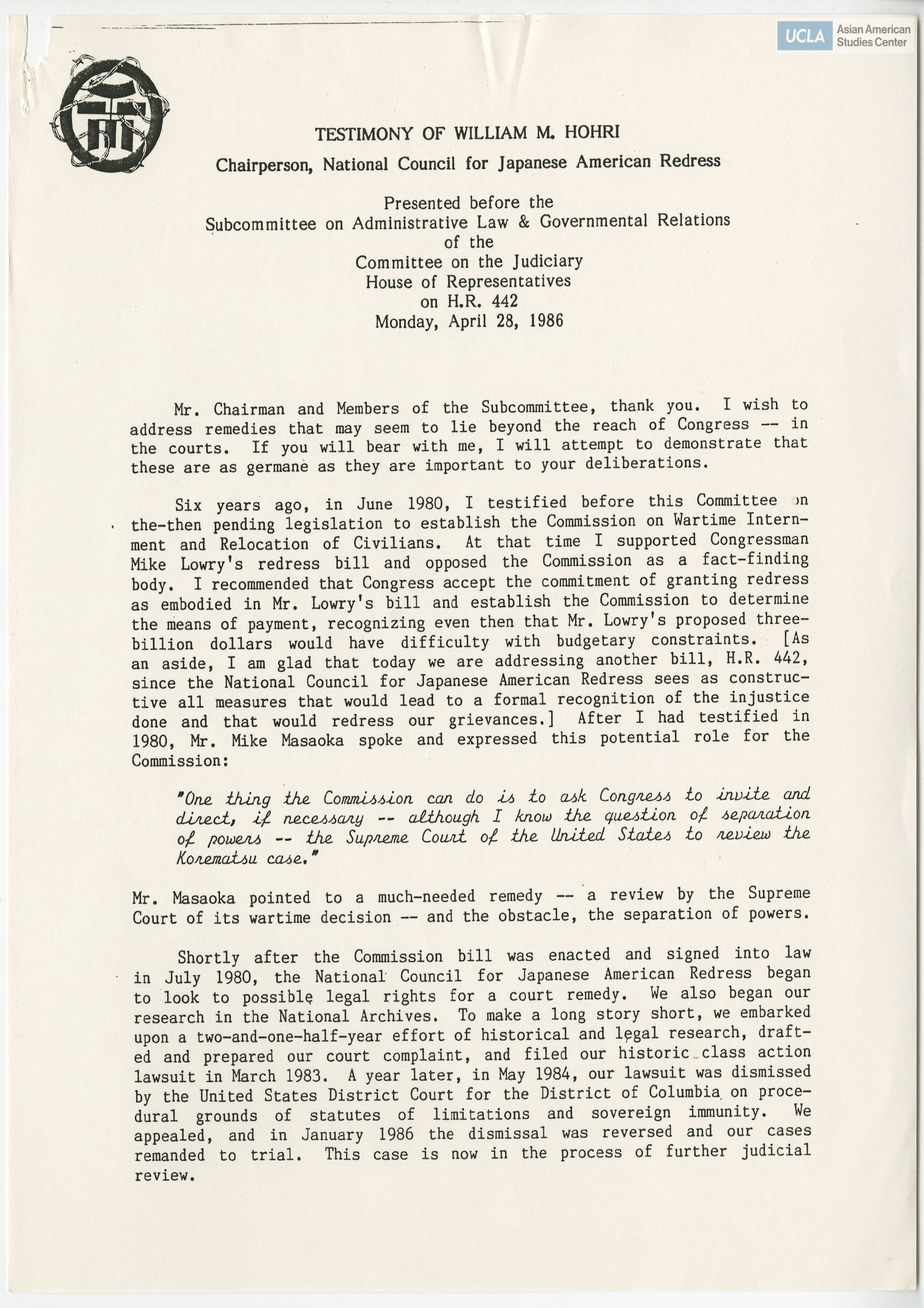 Written testimony of William M. Hohri for bill H.R. 442.