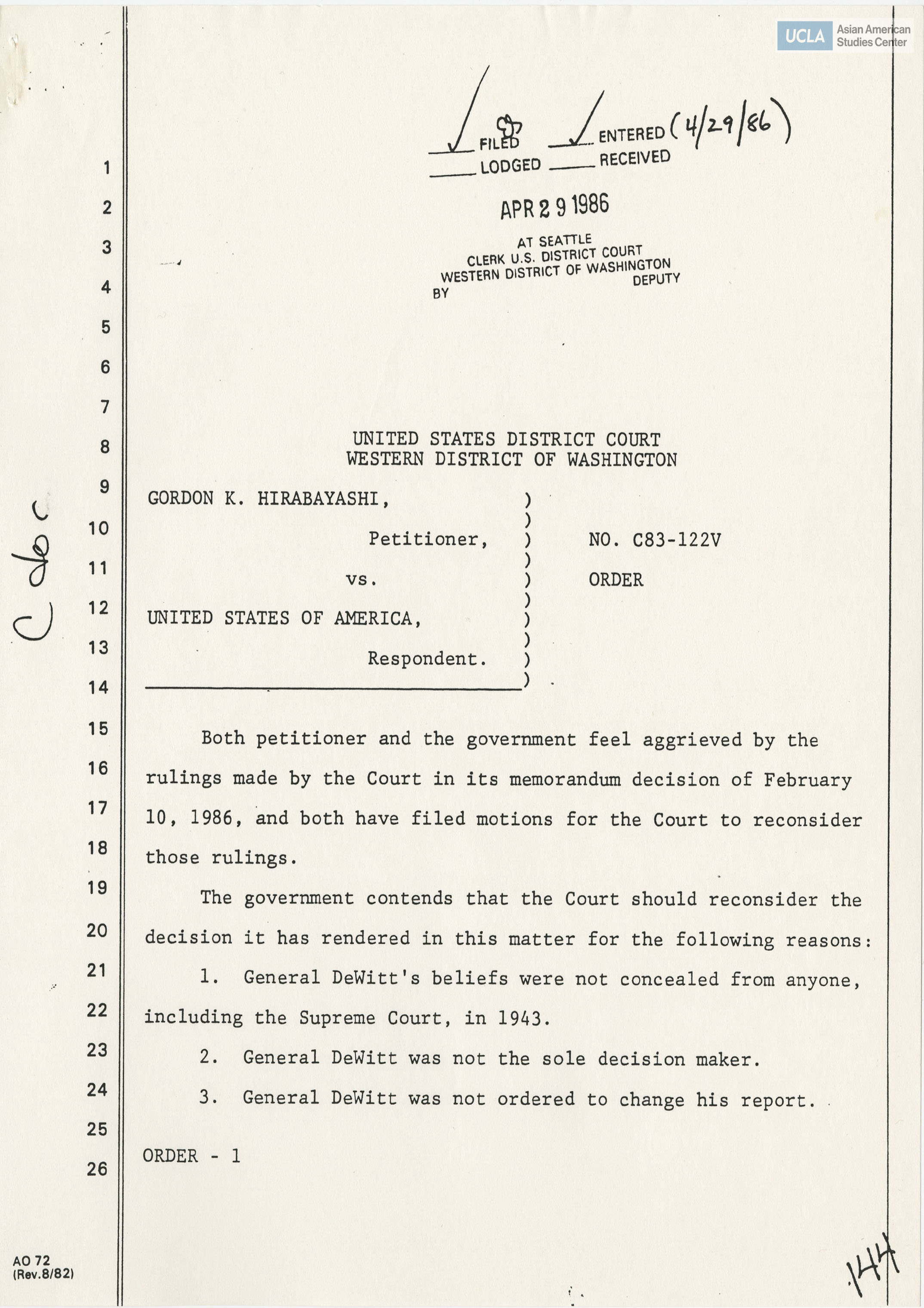 Gordon K. Hirabayashi, petitioner, vs. United States of American, respondent. Case No. C83-122v; United States District Court, Western District of Washington (Seattle).