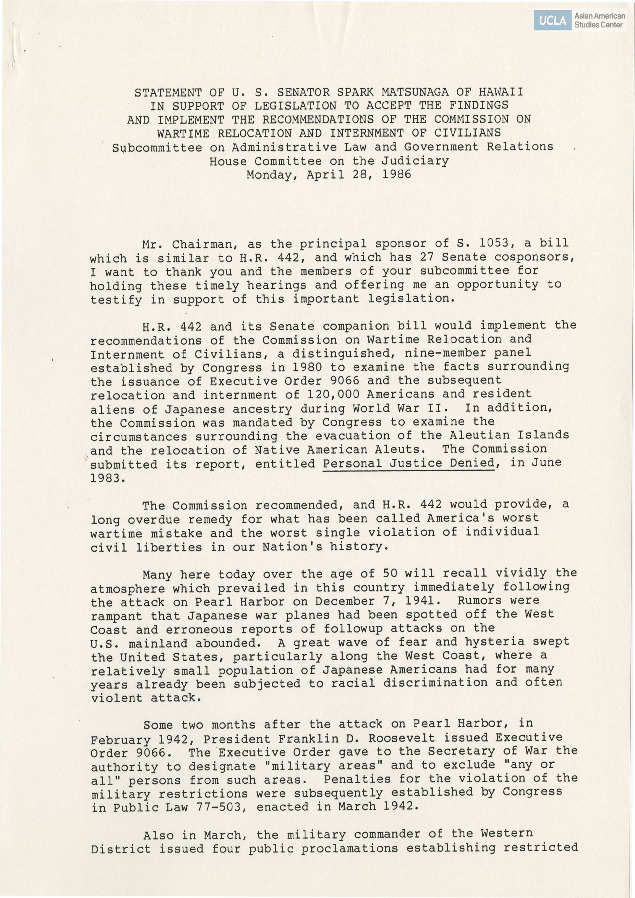 Written testimony of Senator Spark Matsunaga of Hawaii in support of bill H.R. 442.