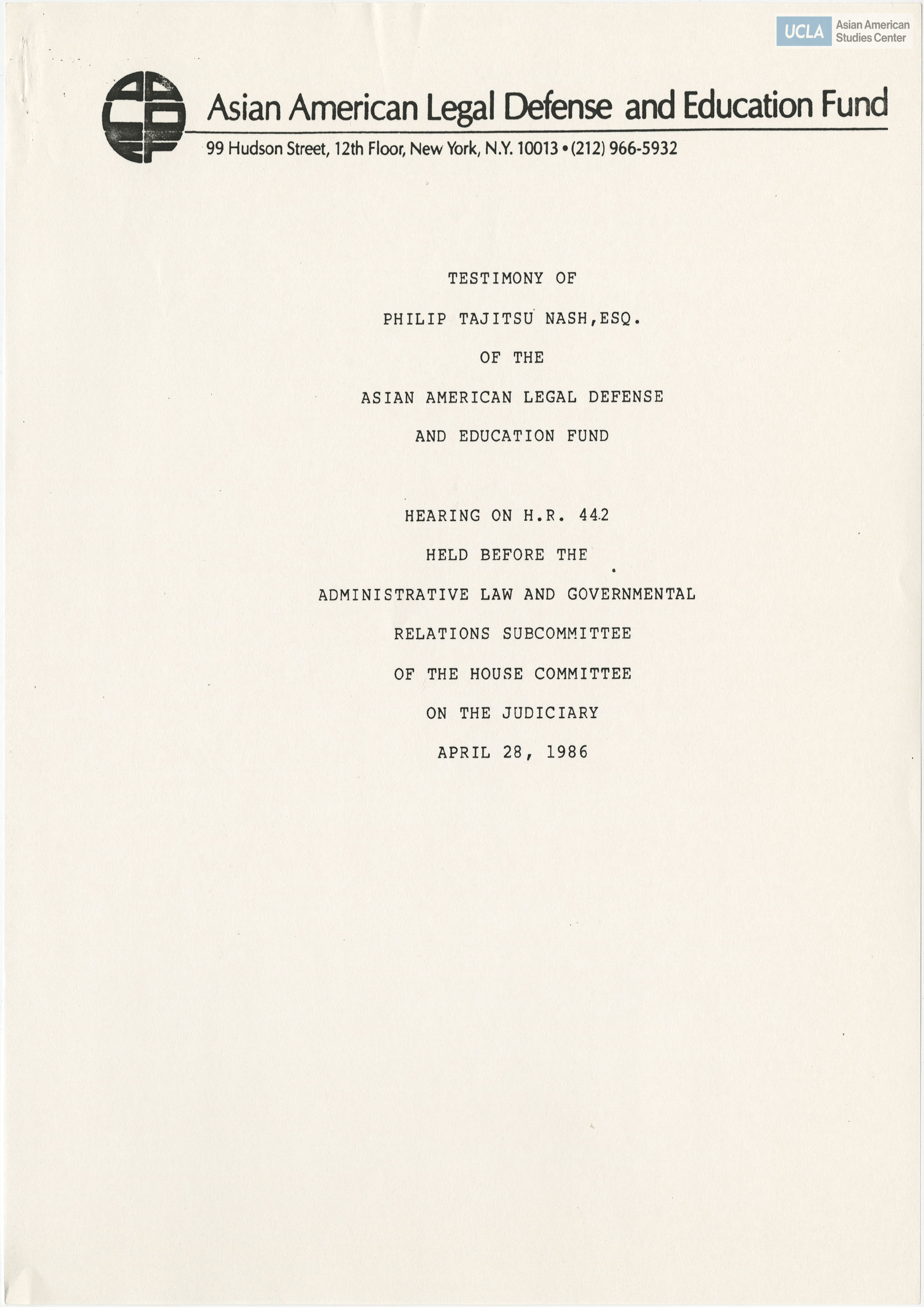 Written testimony of Philip Tajitsu Nash in support of bill H.R. 442.