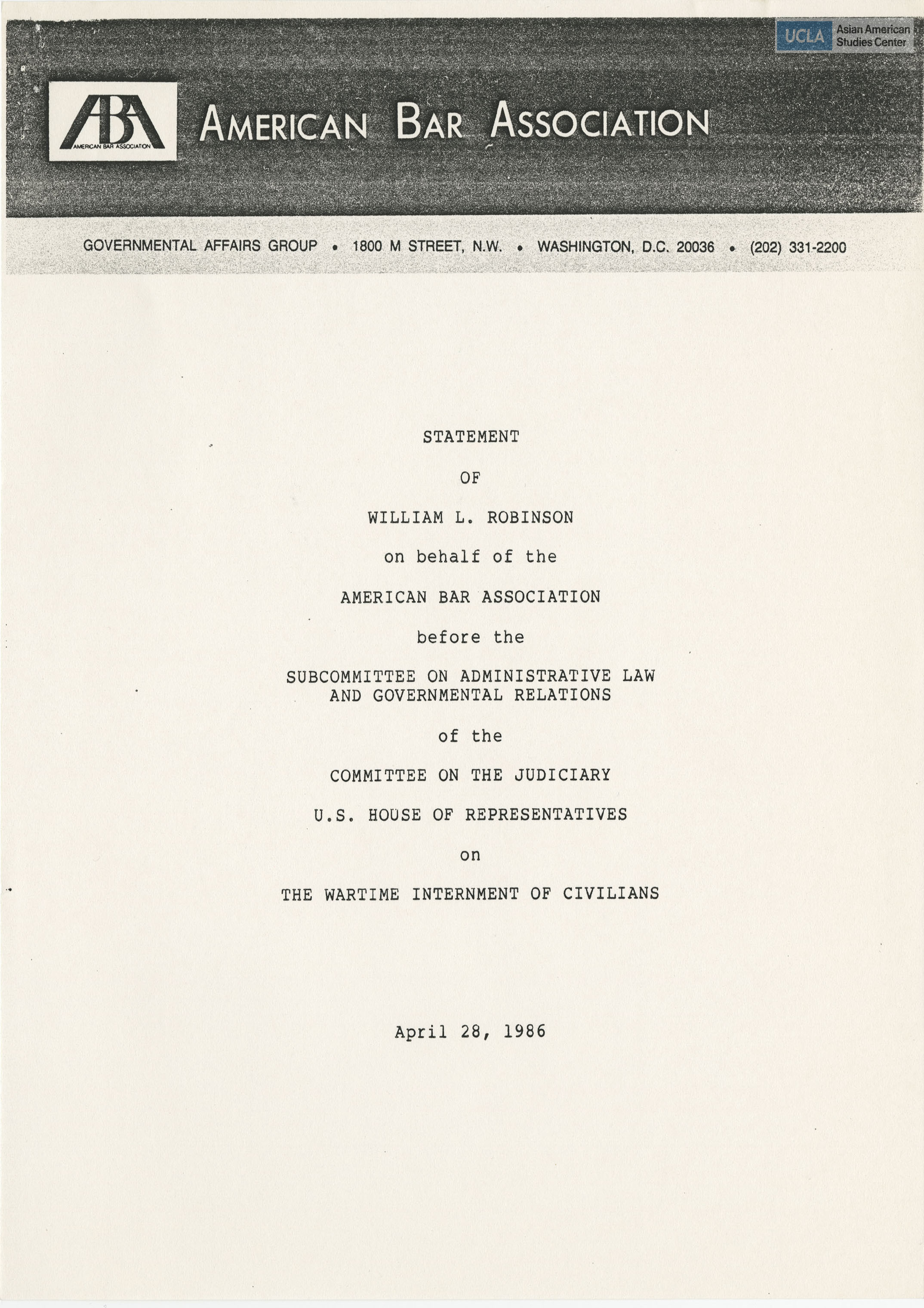 Written testimony of William L. Robinson in support of bill H.R. 442.