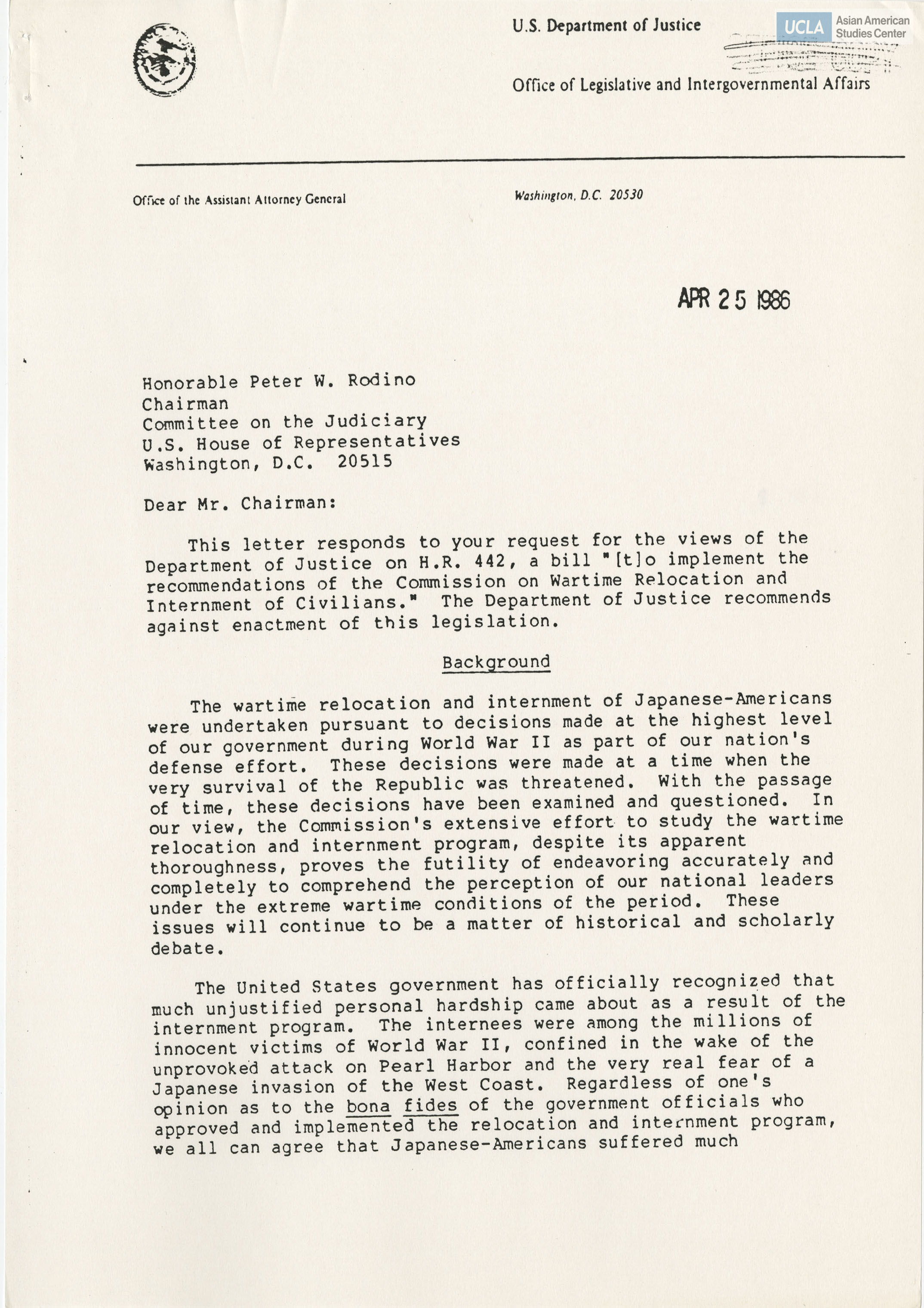 Written testimony of Honorable Peter W. Rodino in support of bill H.R. 442.