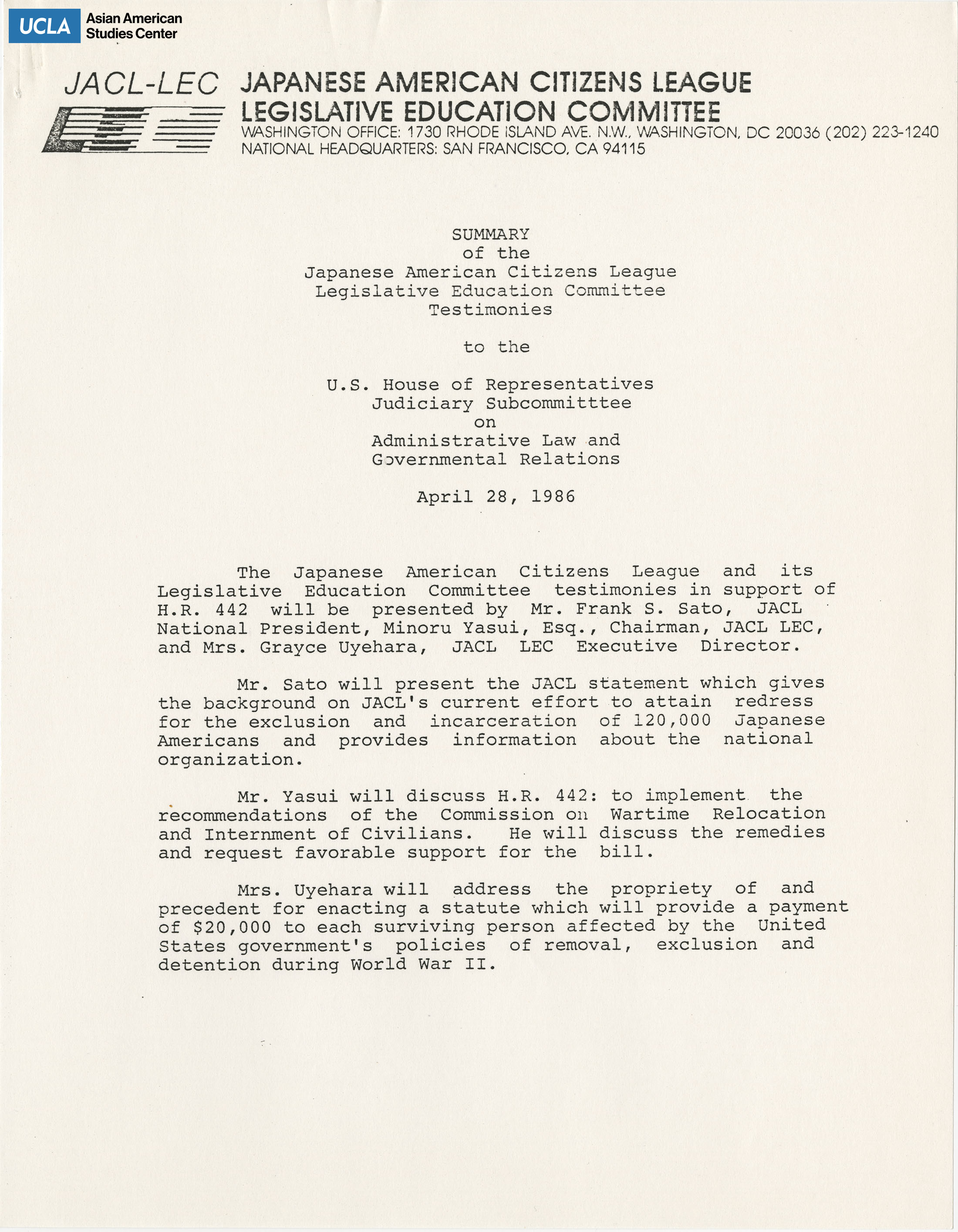 Written testimony of Japanese American Citizens League in support of bill H.R. 442.