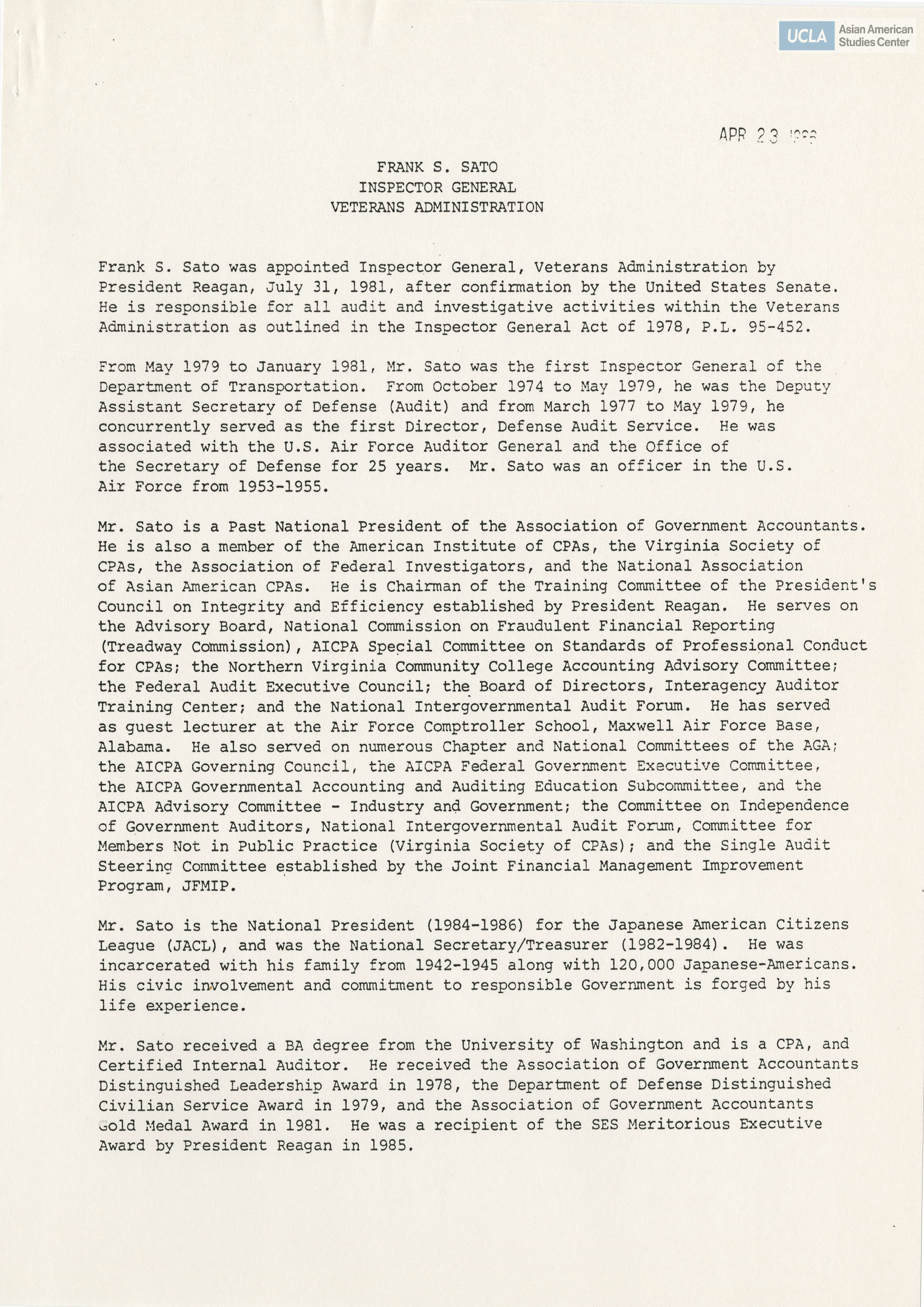 Written testimony of Frank S. Sato representing the Japanese American CItizens League in support of bill H.R. 442.