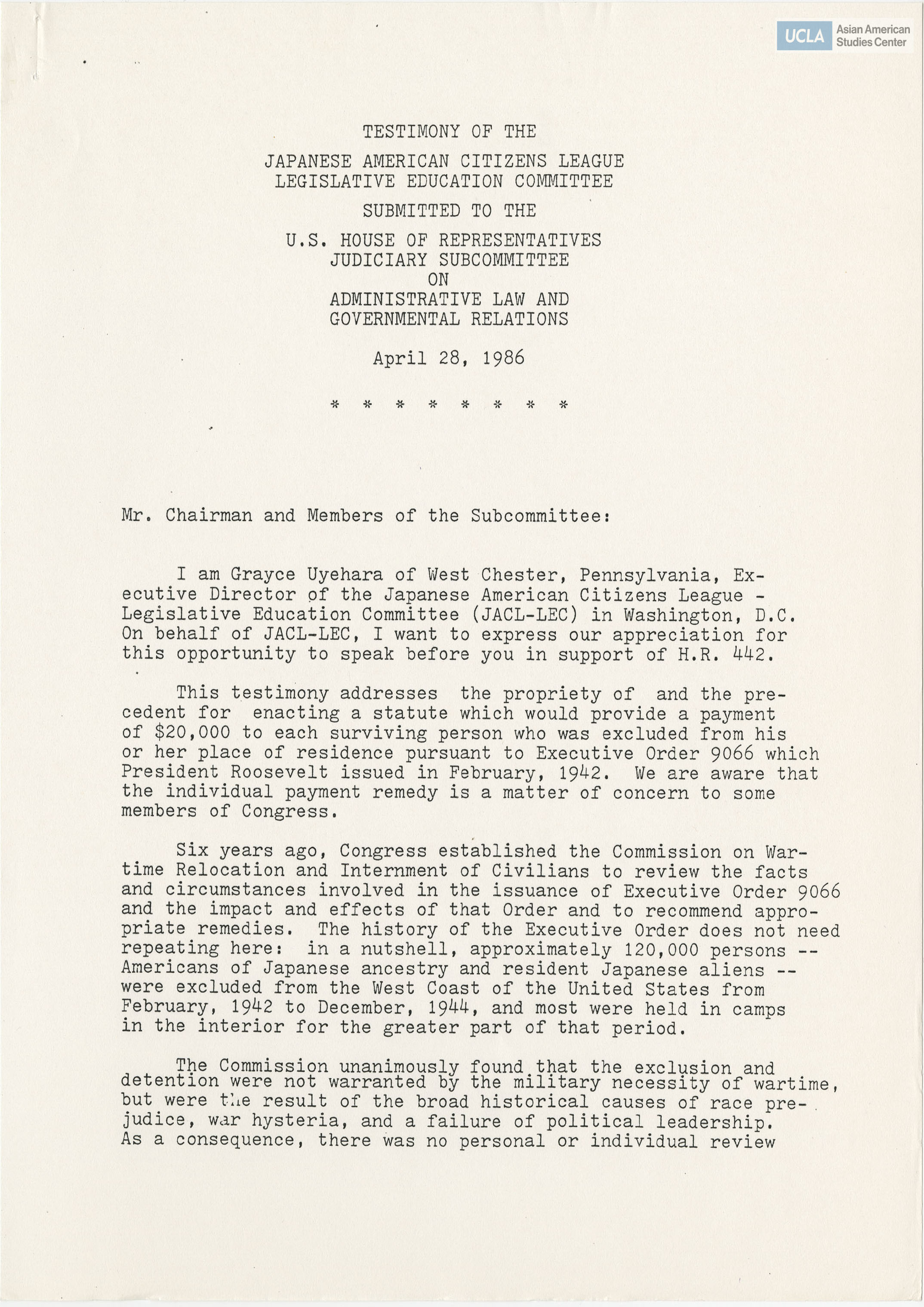 Written testimony of Grace Uyehara representing the Japanese American CItizens League in support of bill H.R. 442.