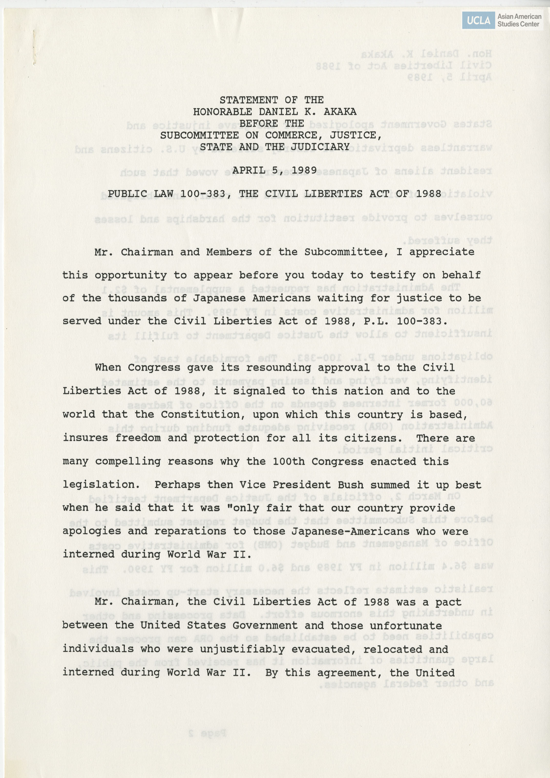 Written testimony of Honorable Daniel K. Akaka in support of Public Law 100-383.
