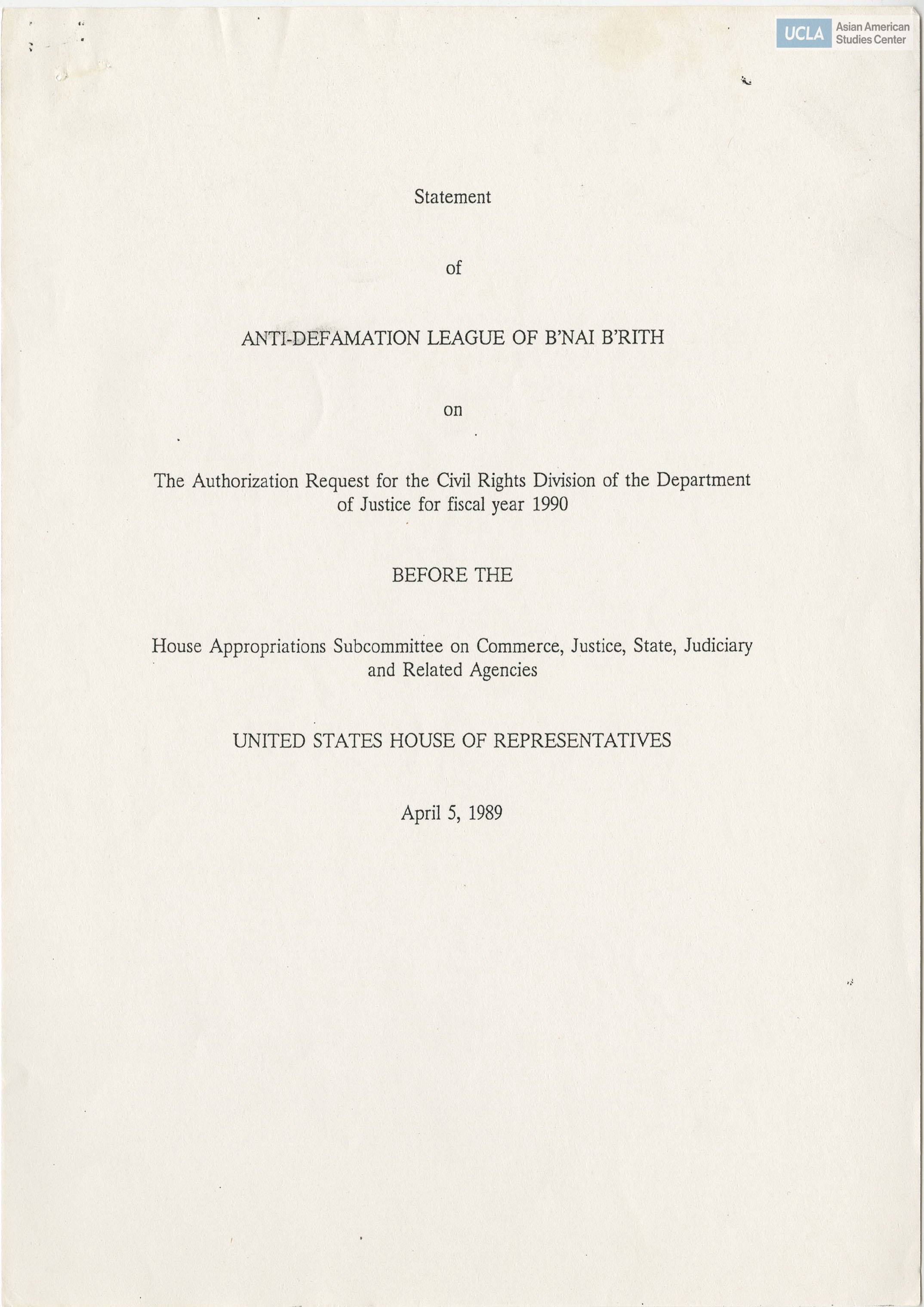 Written testimony of Ruth Lansner representing the Anti-Defamation League of B'Nai B'rith in support of Public Law 100-383.