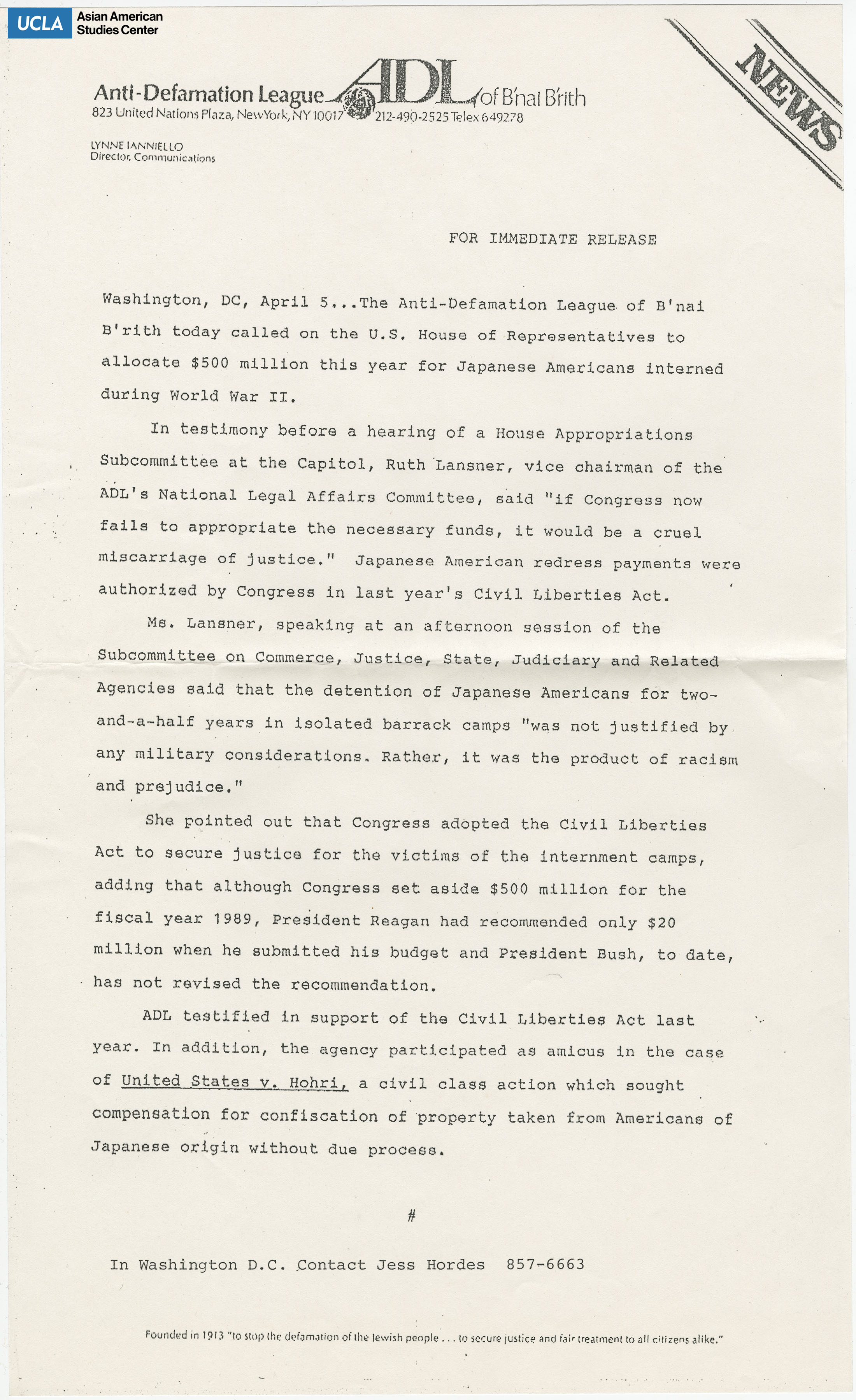 Press release regarding the allocation of $500 million for Japanese Americans who were incarcerated during World War II.