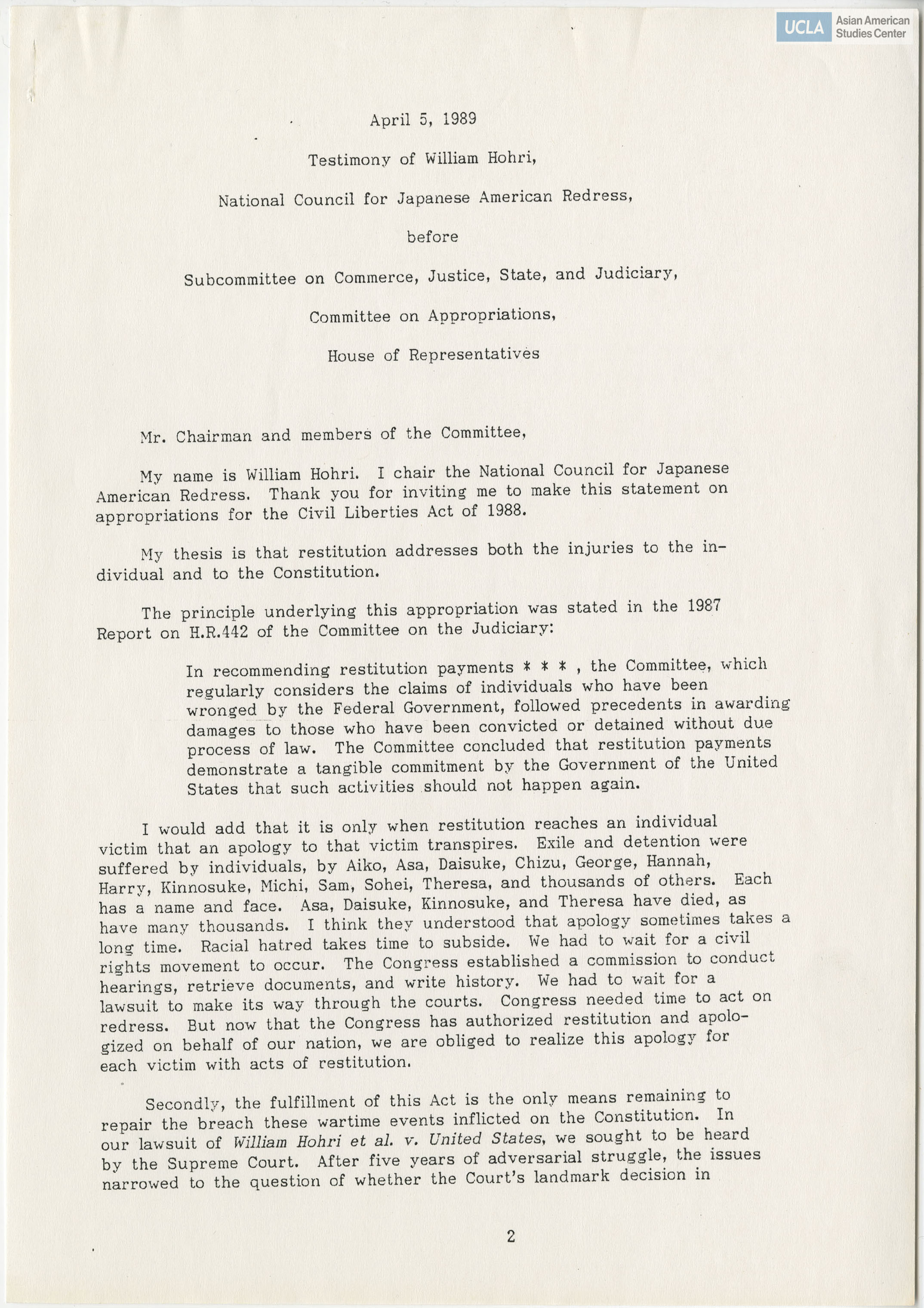 Written testimony of William M. Hohri for the enactment of the Civil Liberties Act of 1988.