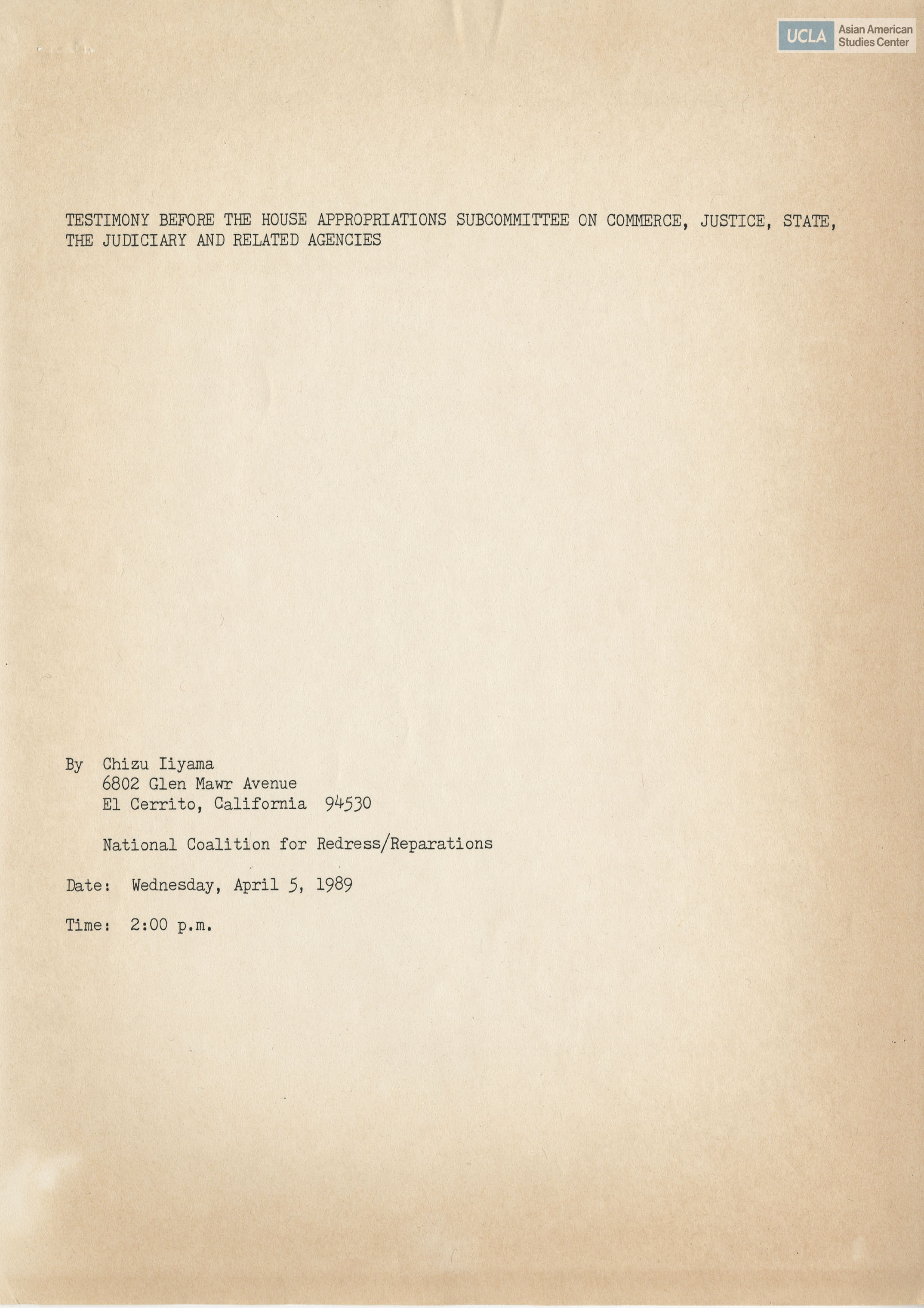 Written testimony of Chizu Iiyama for the support of Public Law 100-383.