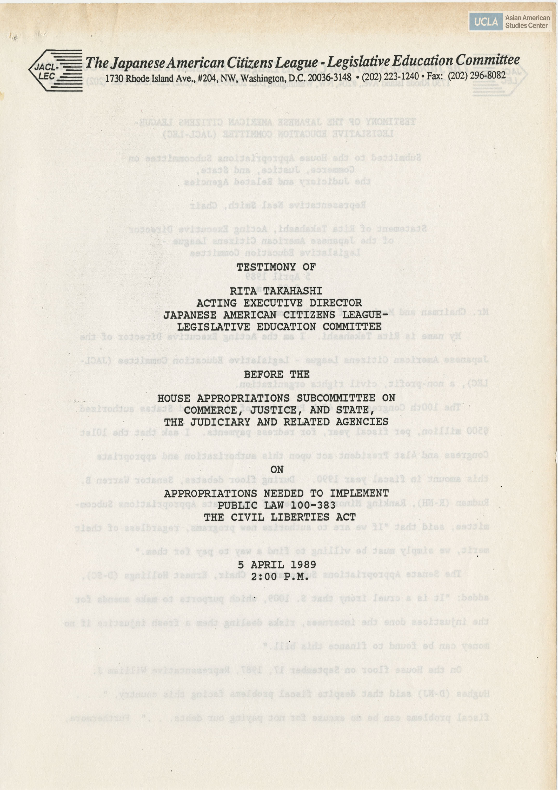 Written testimony of Rita Takashahi representing the Japanese American Citizens Leagie in support of Public Law 100-383.