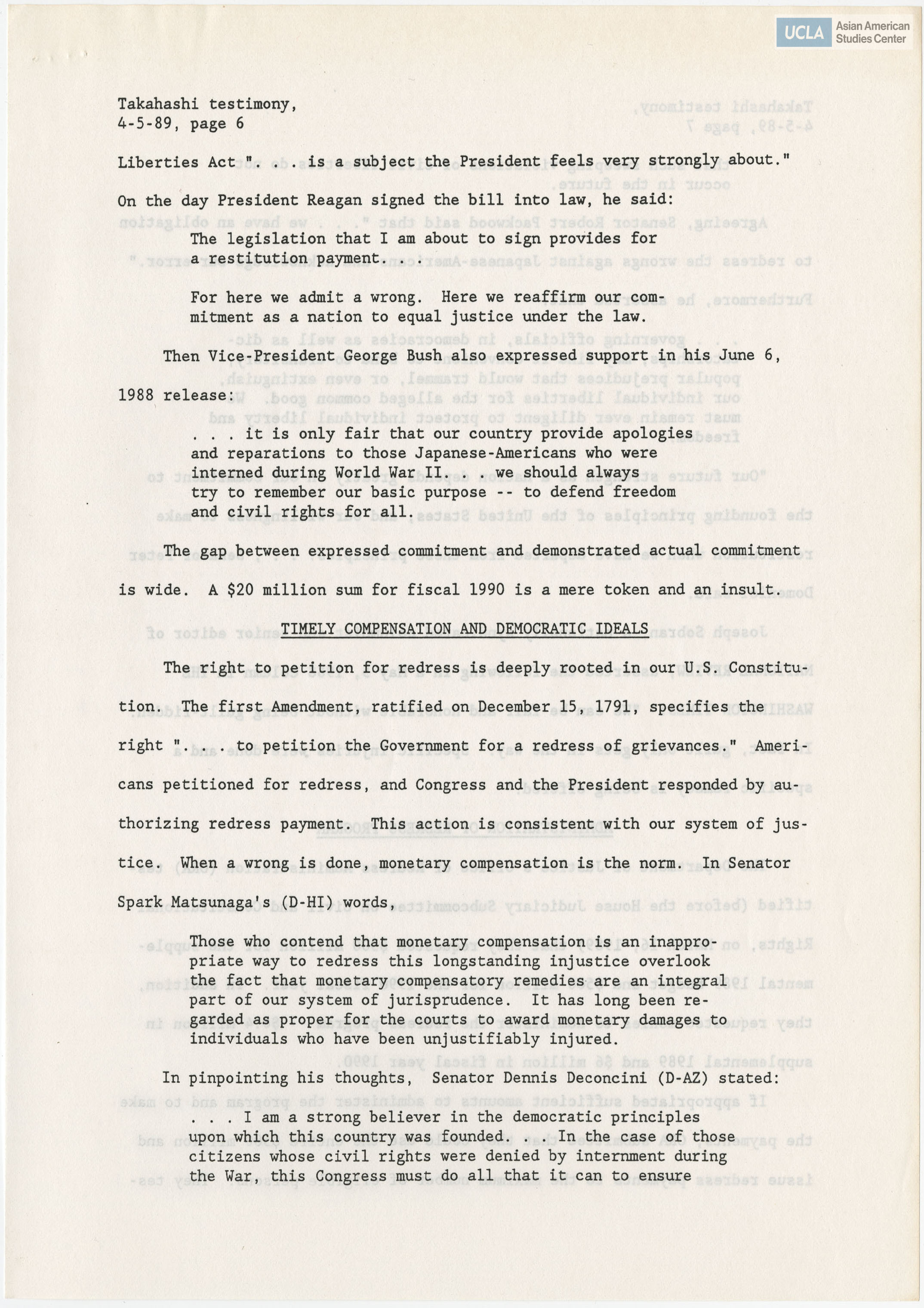 Written testimony of Rita Takashahi representing the Japanese American Citizens Leagie in support of Public Law 100-383.