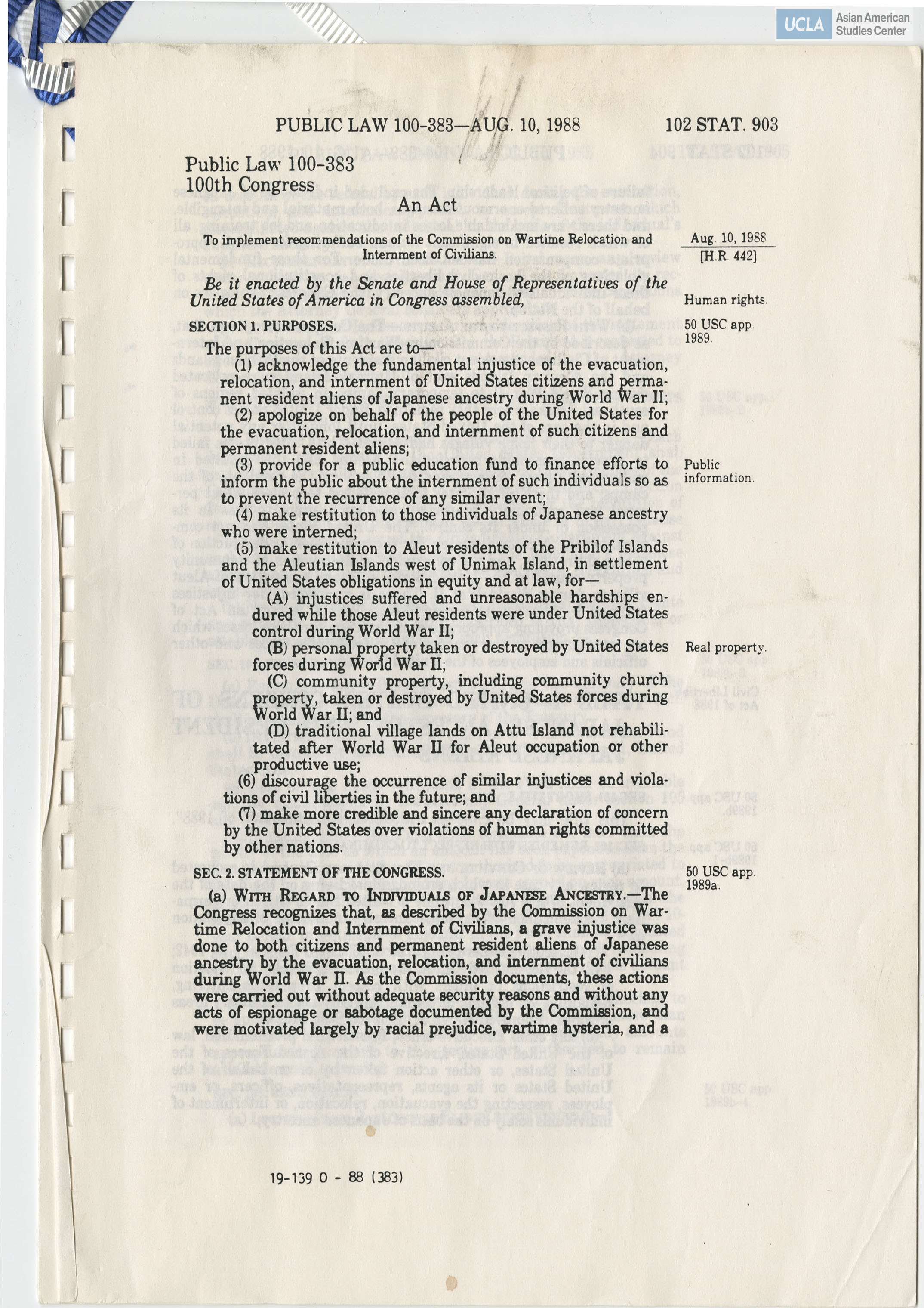 Public Law 100-383 to implement recommendations of the Commission on Wartime Relocation and Internment of Civilians.
