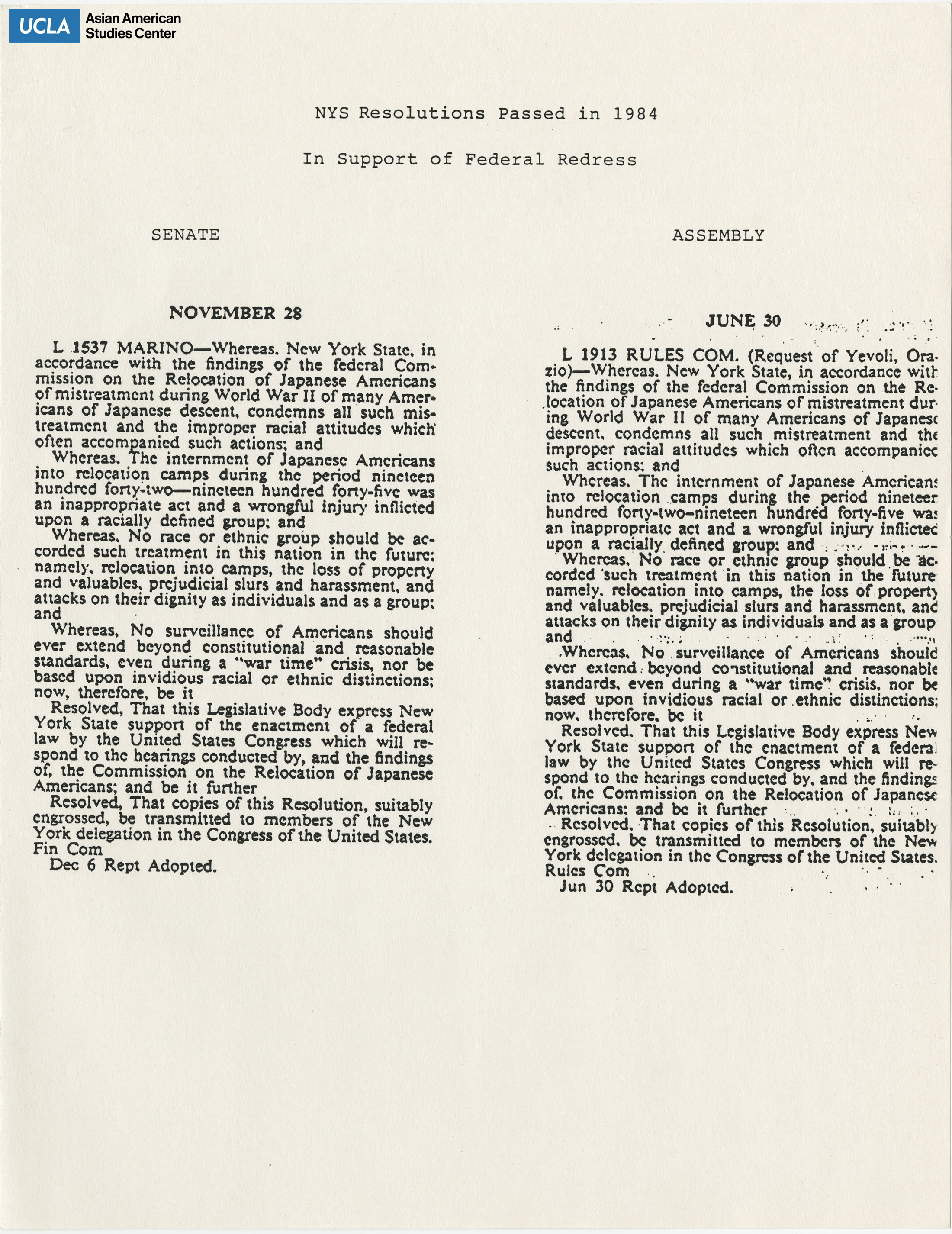 Excerpts from senate and assembly regarding federal redress.