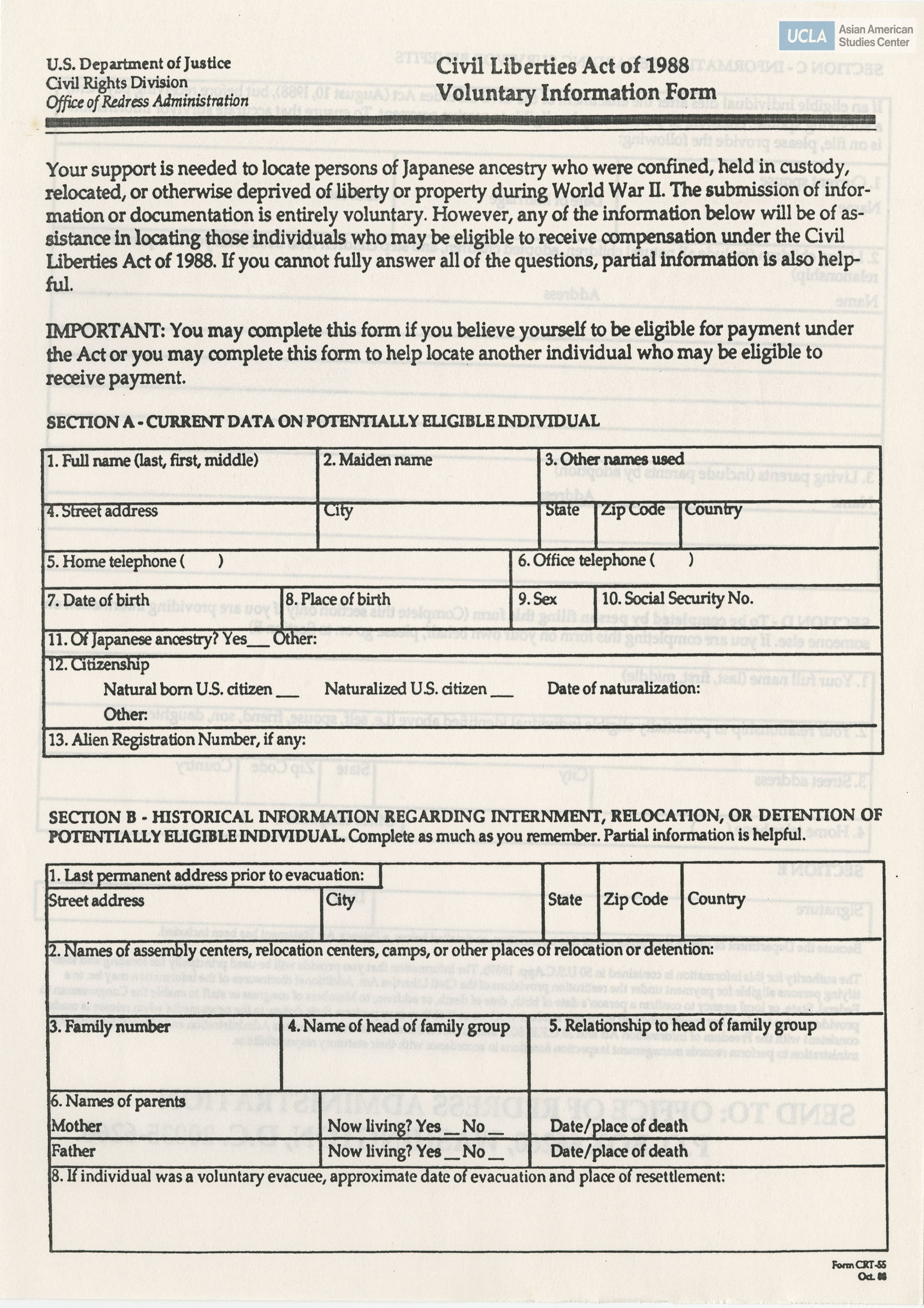 Blank form regarding elibigily for redress payments for people of Japanese ancestry who were incarcerated during World War II.