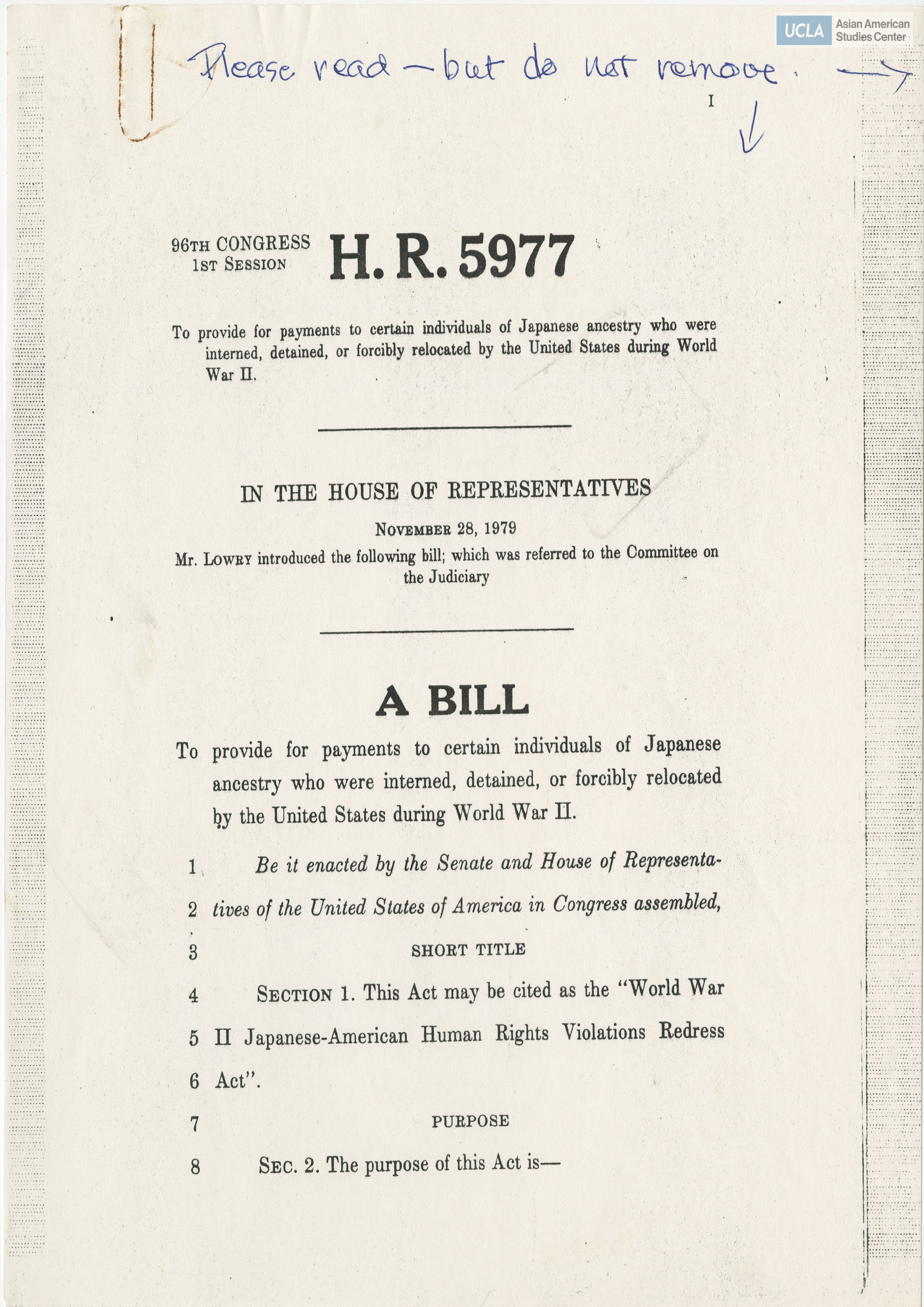 H.R. 5977 bill regarding providing payments to people with Japanese ancestry who were incarcerated in the United States during World War II.