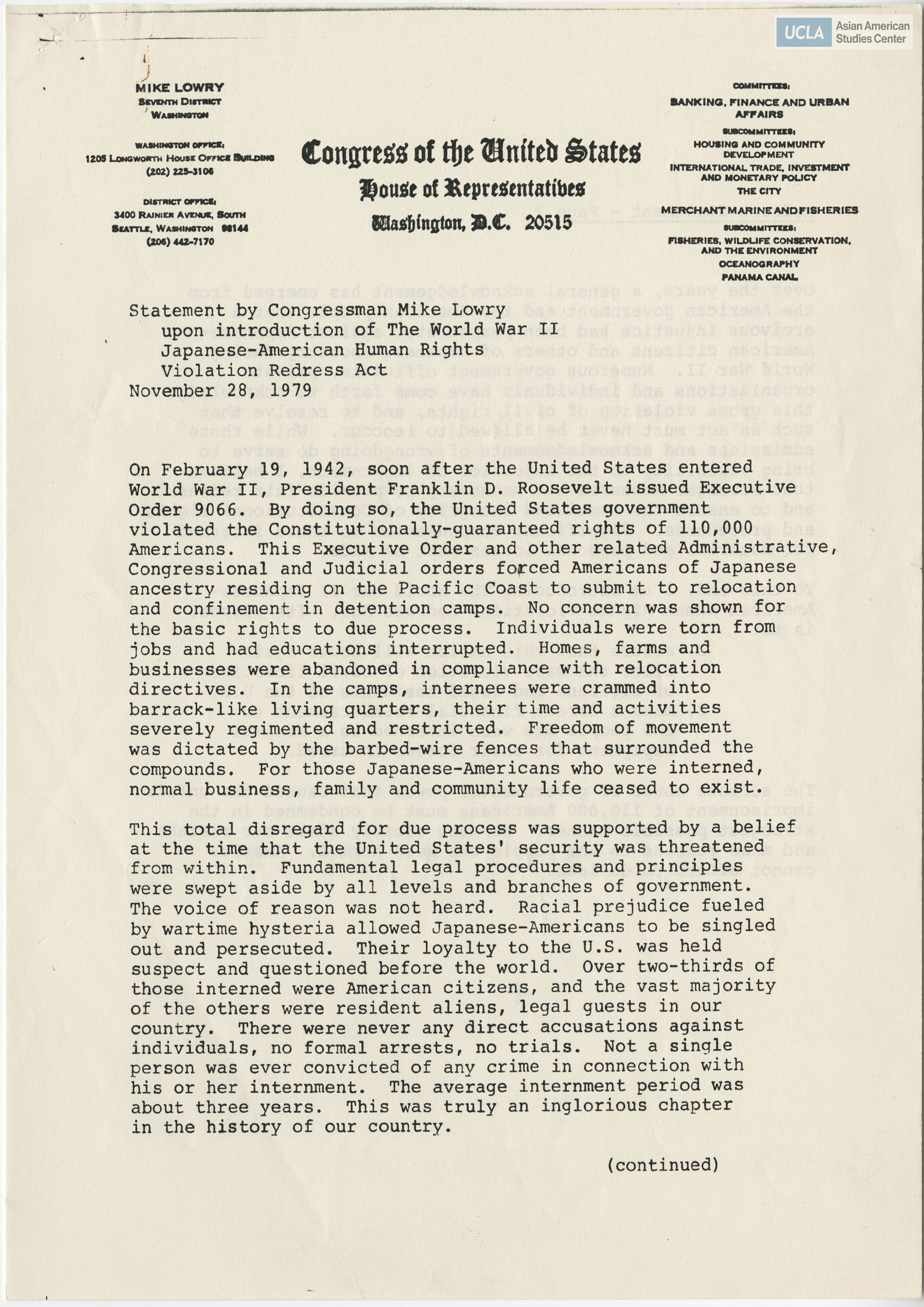 Written testimony of Congressman Mike Lowry in regards to the World War II Japanese American Human Rights Violations Redress Act.