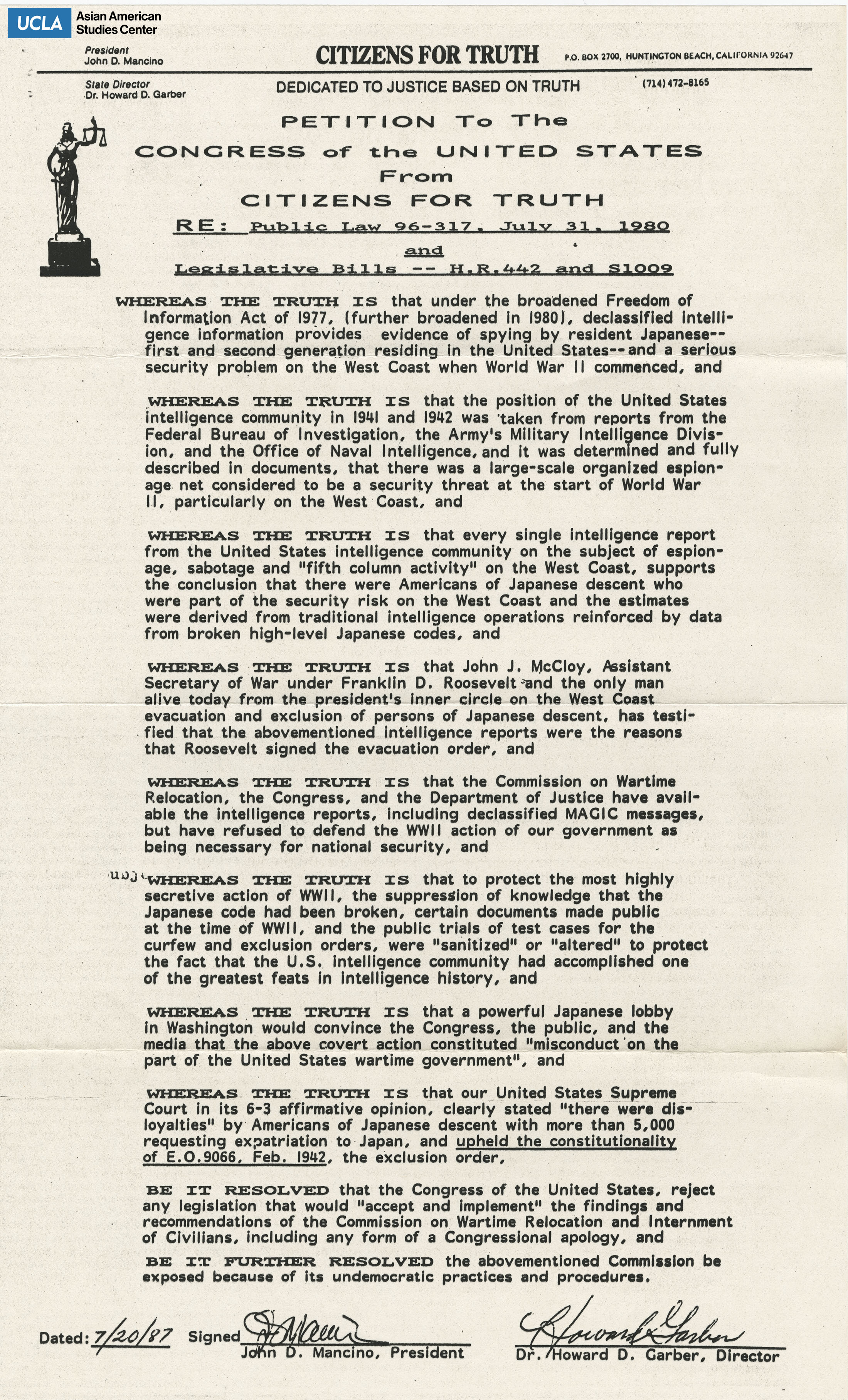 Petition for Public Law 96-317 and H.R. 442 for the spying of Japanese Americans.