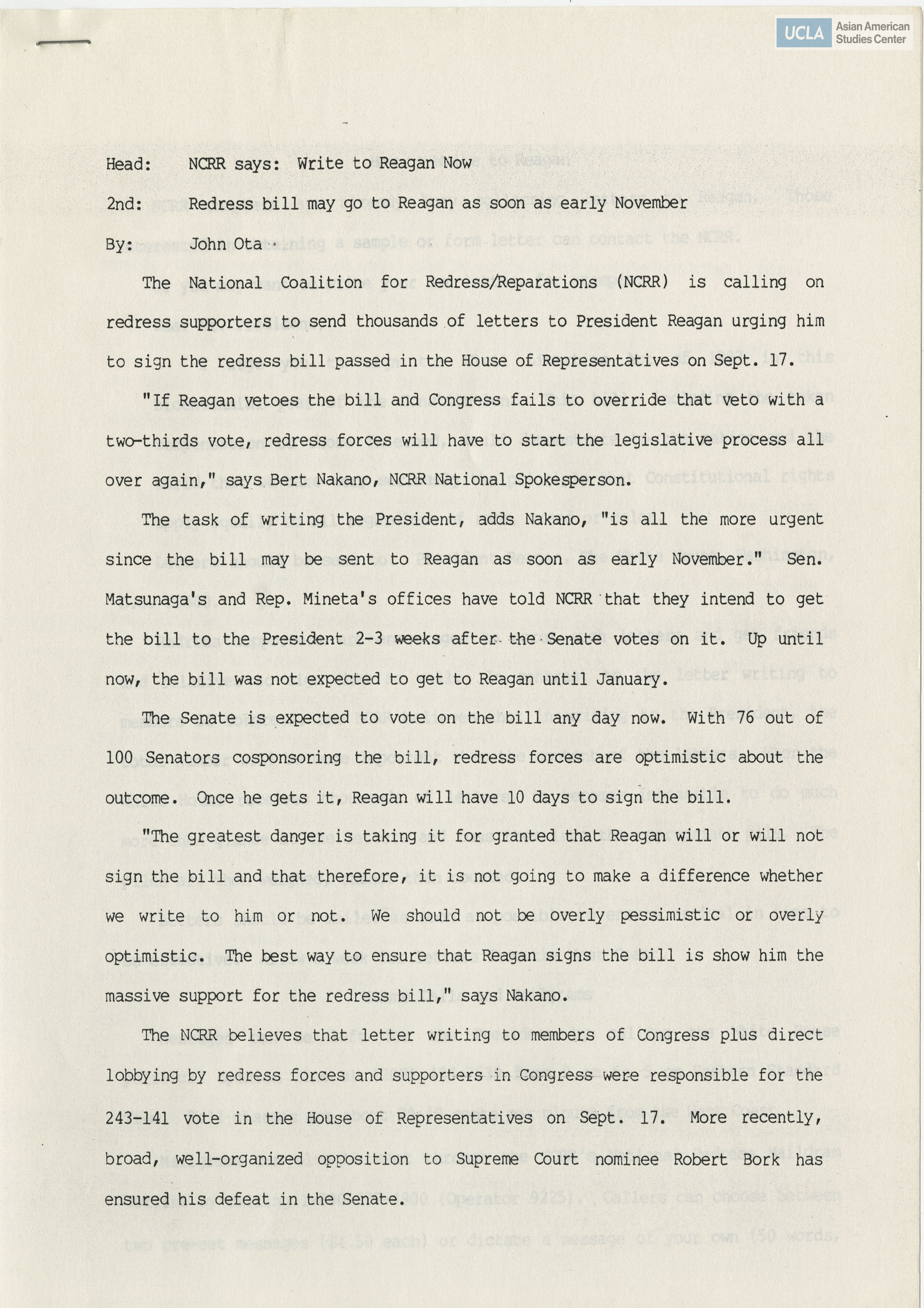 Document on how to write a letter to Ronald Reagan regarding redress and reparations.