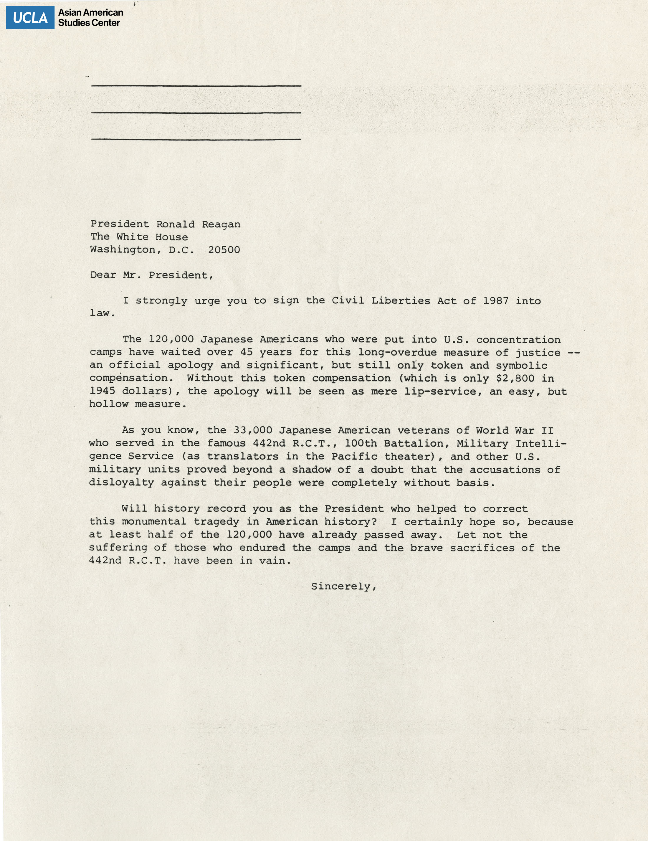 Template letter addressed to President Ronald Reagan in regards to signing the Civil Liberties Act of 1987.
