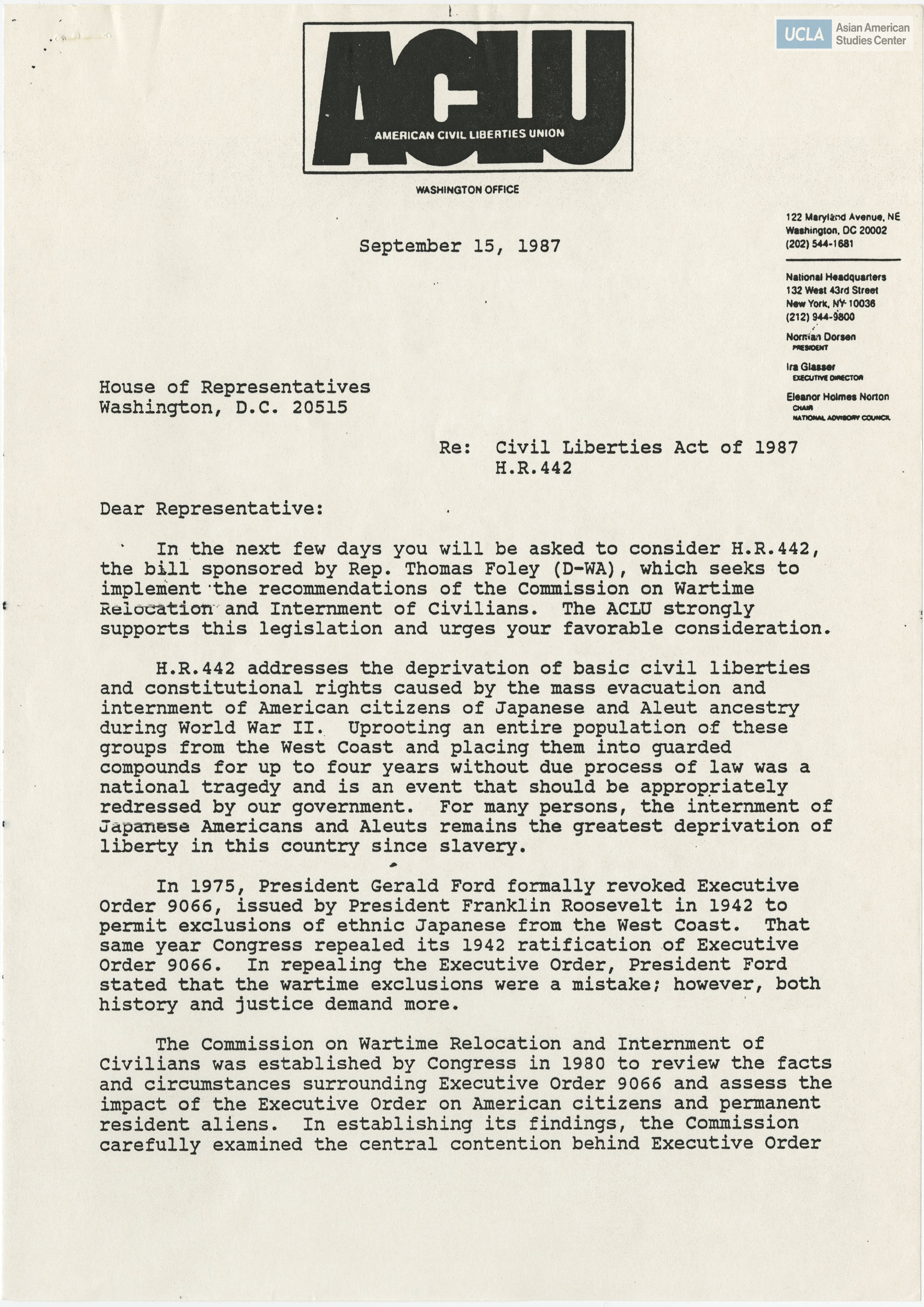 Letter by Wade J. Henderson, Associate DIrector, regarding the support of Civil Liberties Act of 1987.