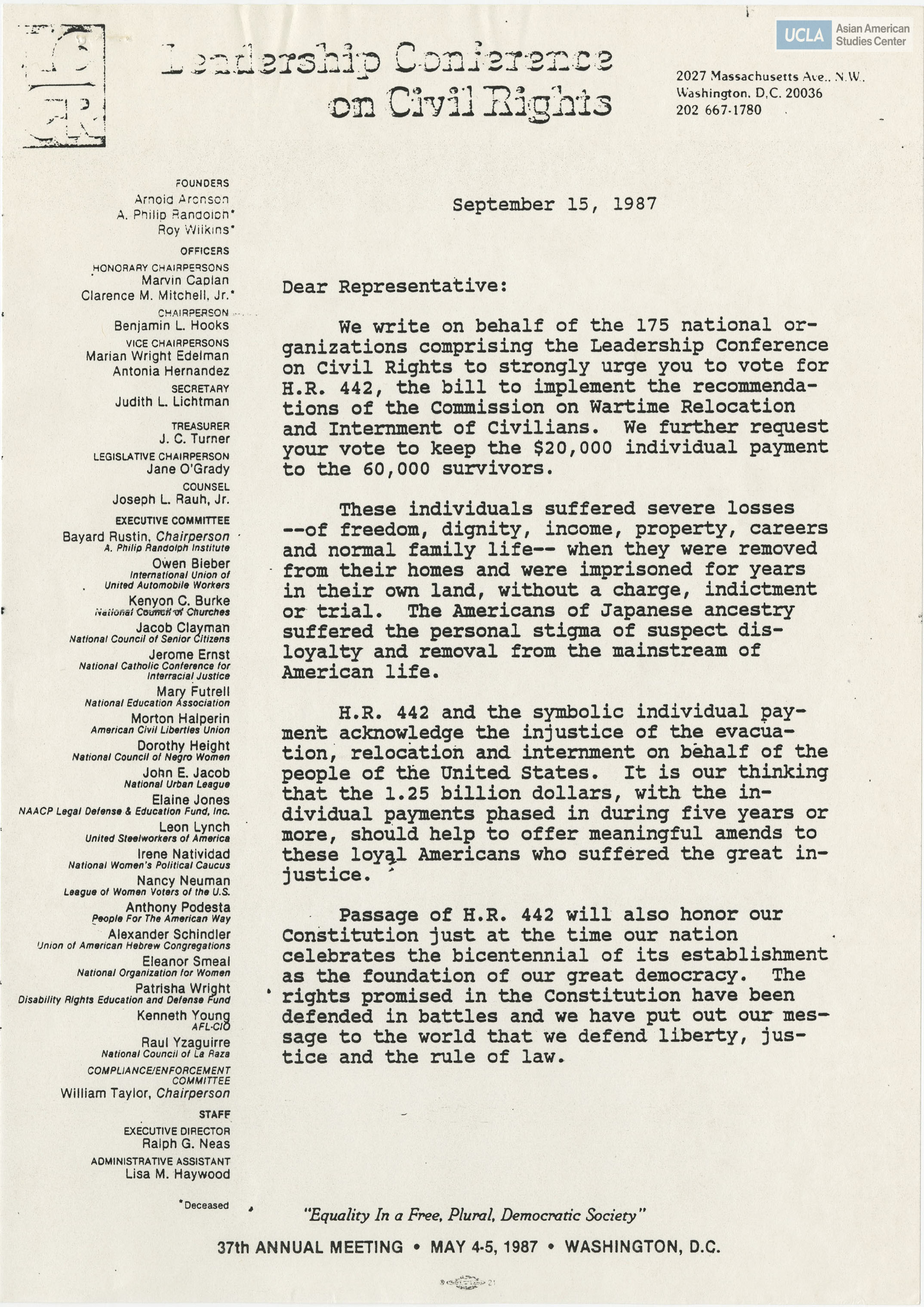 Letter regarding the support to vote for bill H.R. 442.