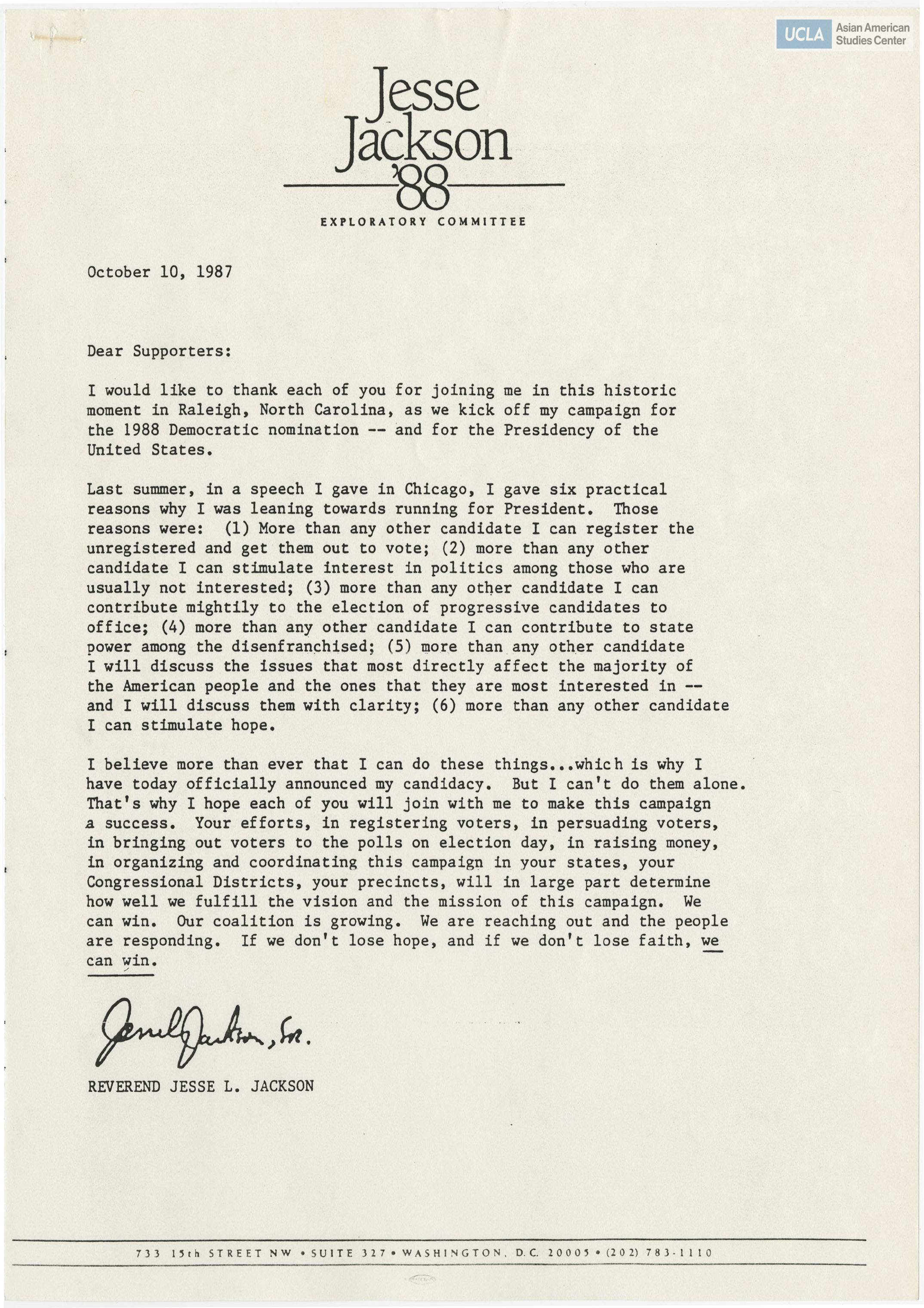 Letter addressed to supporters regarding Jesse Jackson's 1988 presidential campaign.