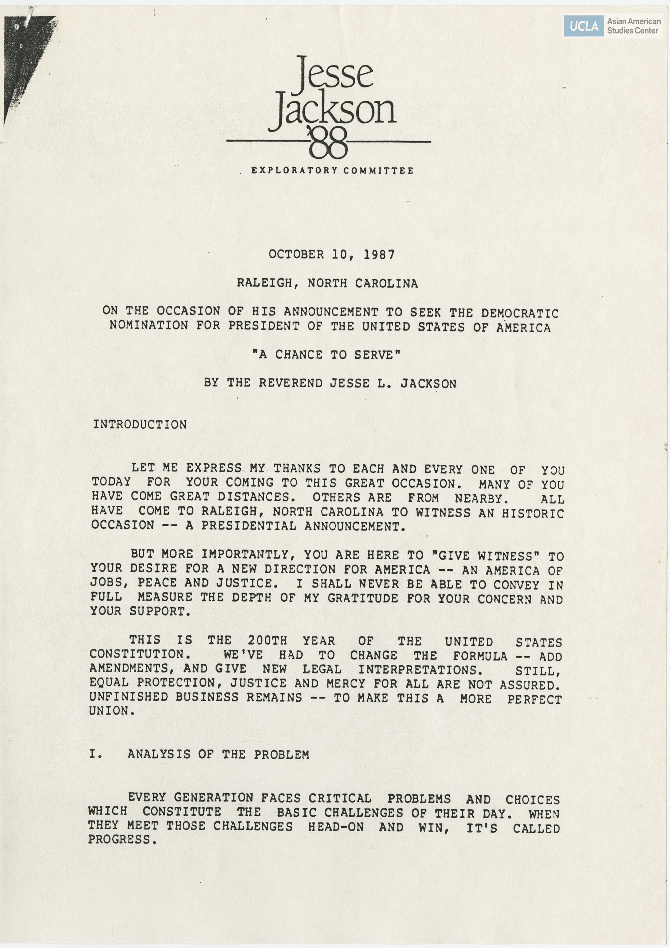 Jesse Jackson's announcement on his democratic nomination for the president of the United States.