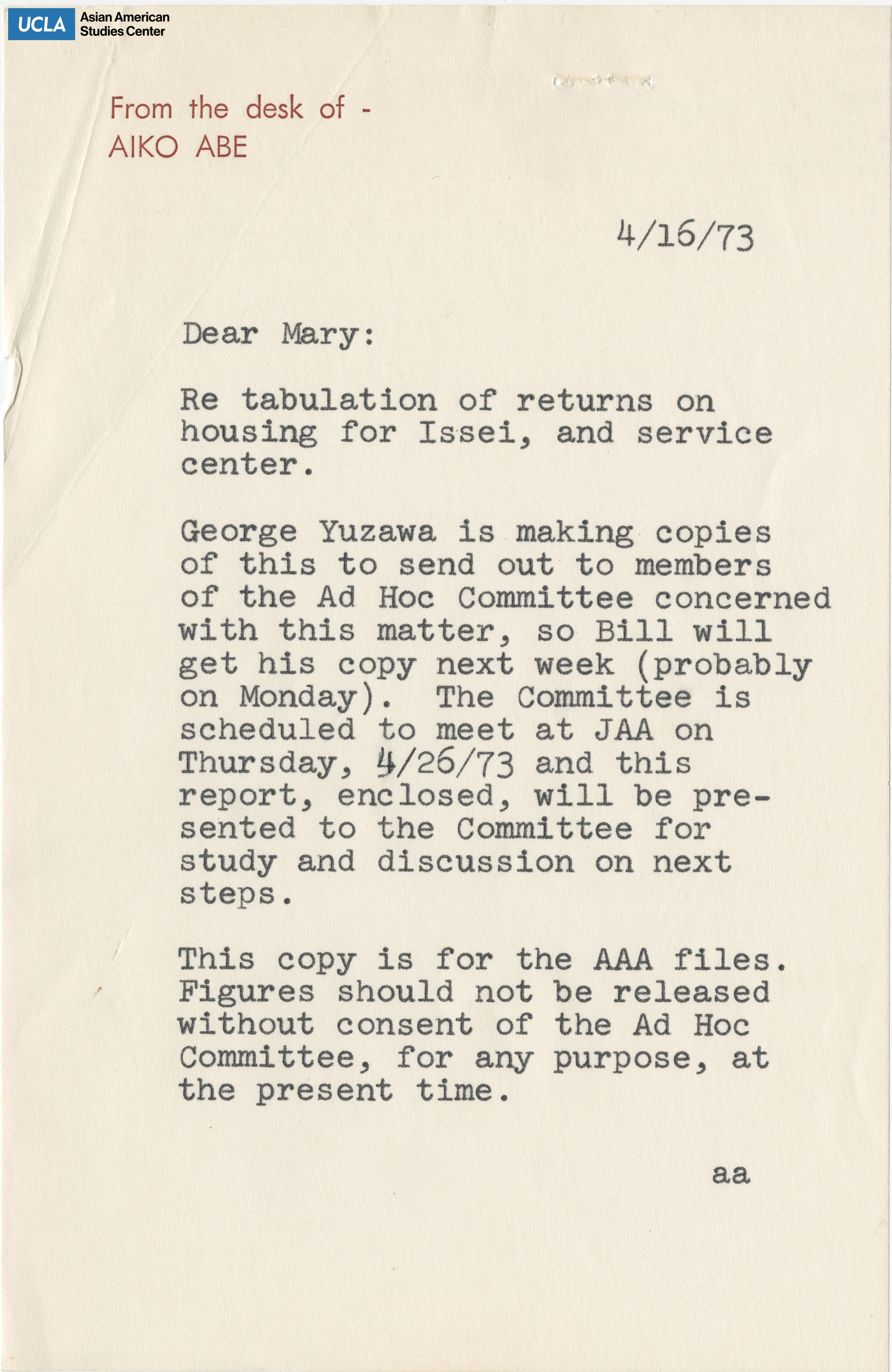 Letter regarding housing for issei and George Yuzawa making copies to members.