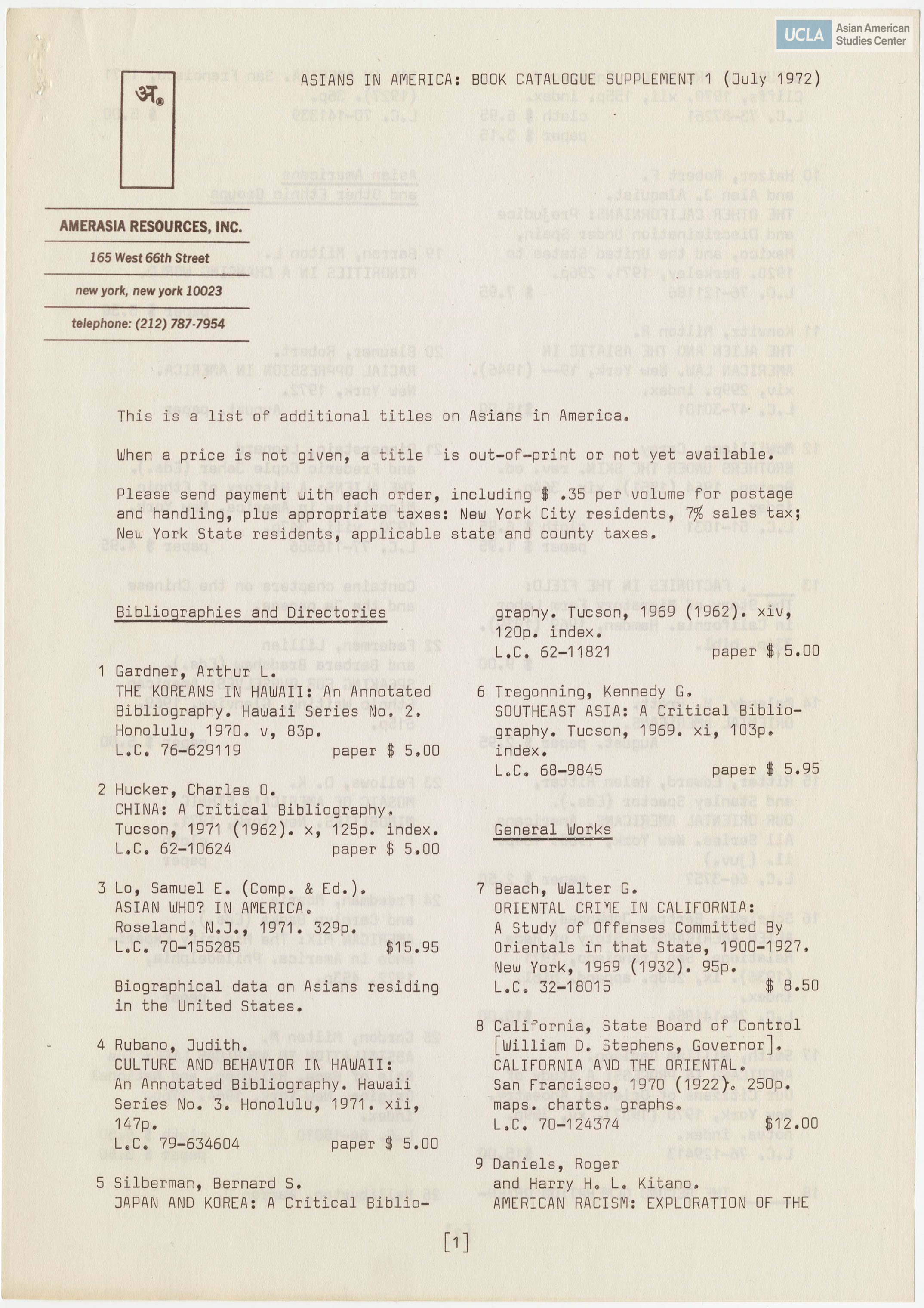 Catalog of literature related to the Asian experience.