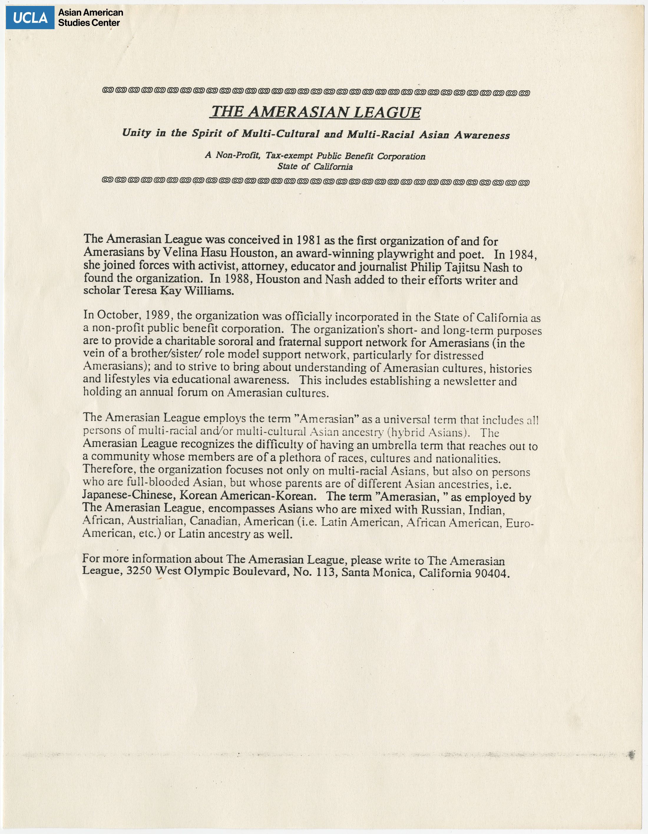 A flyer detailing how The Amerasian League was conceived.