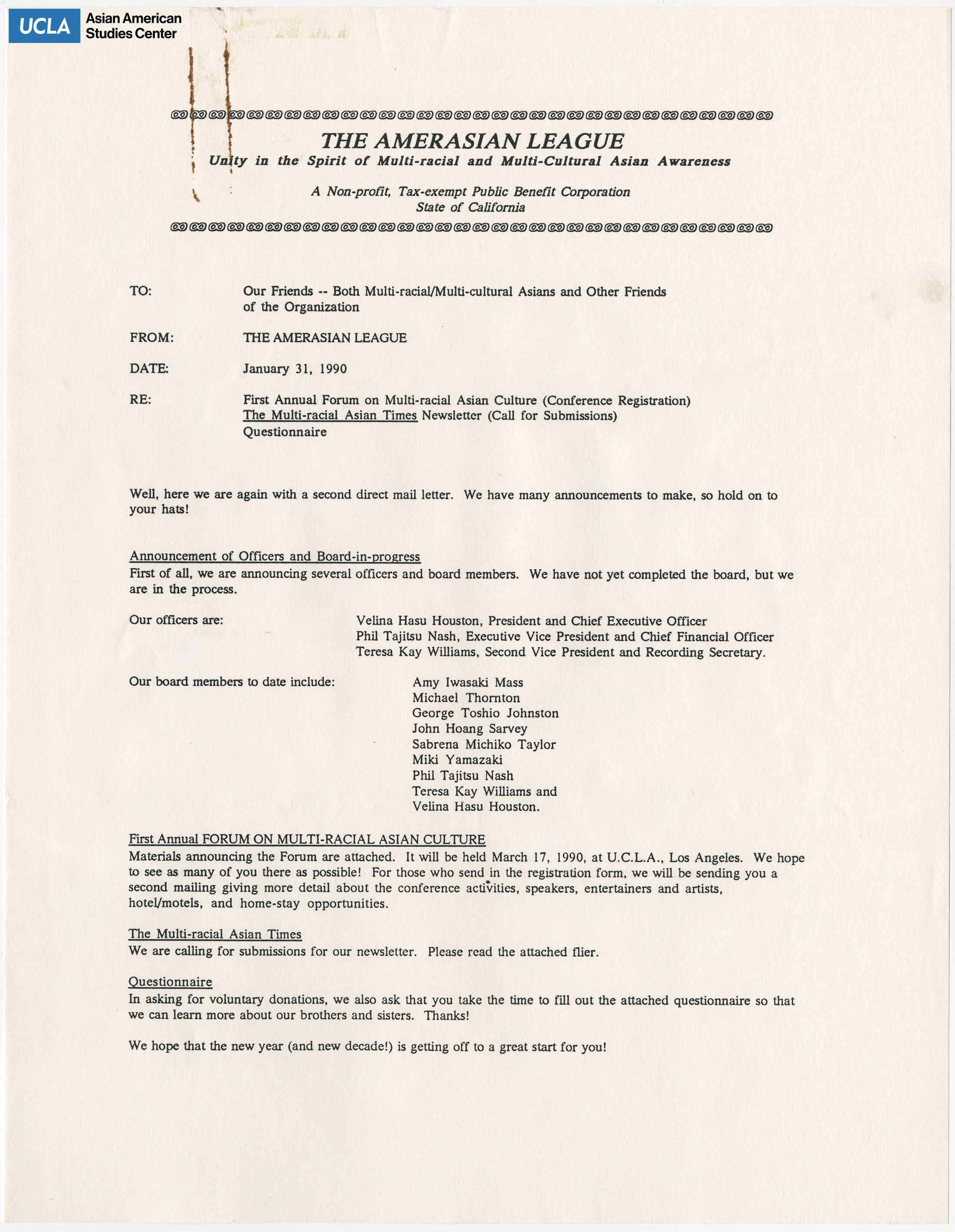 Letter regarding the first annual 