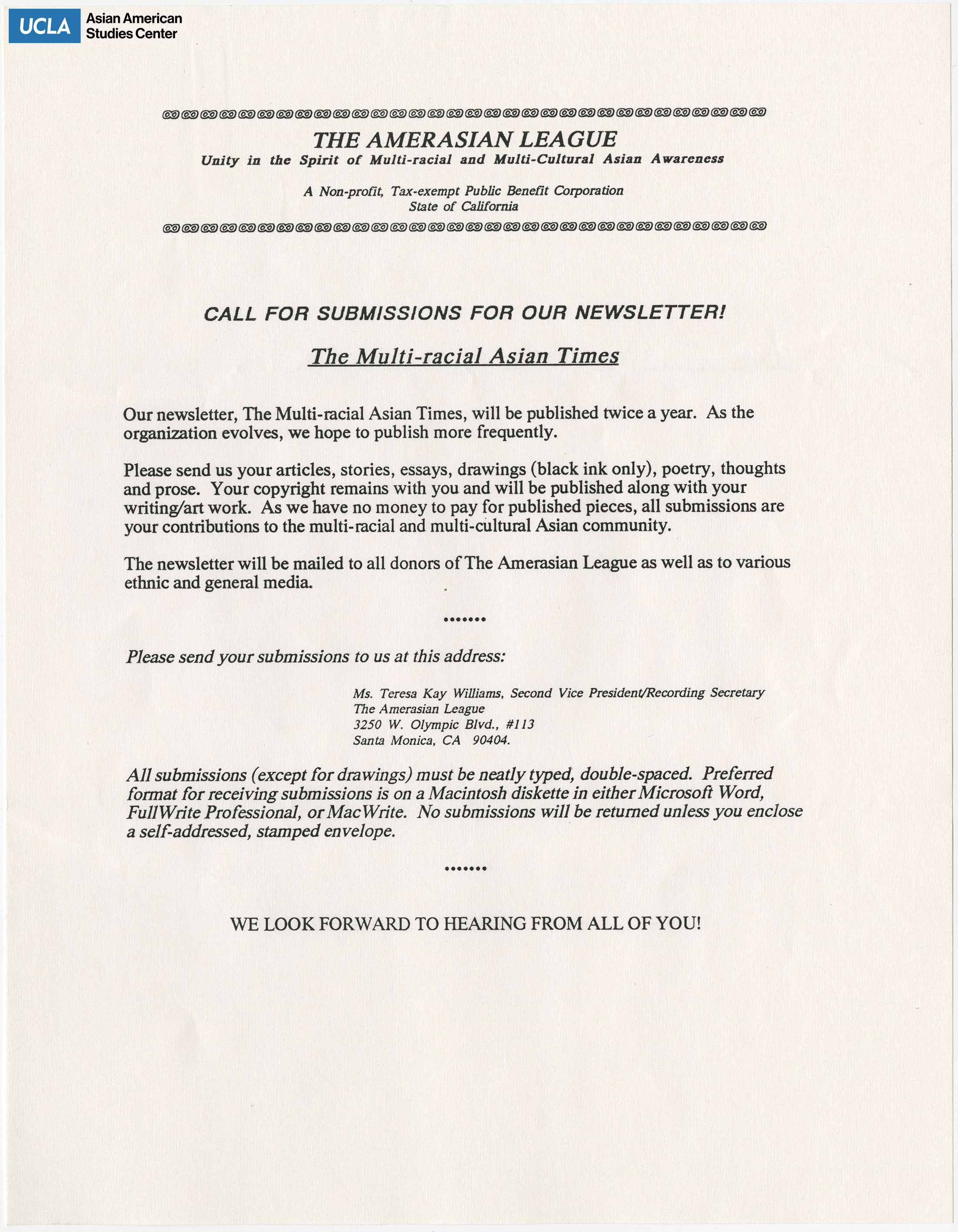 Flyer regarding a call for submissions for the newsletter 