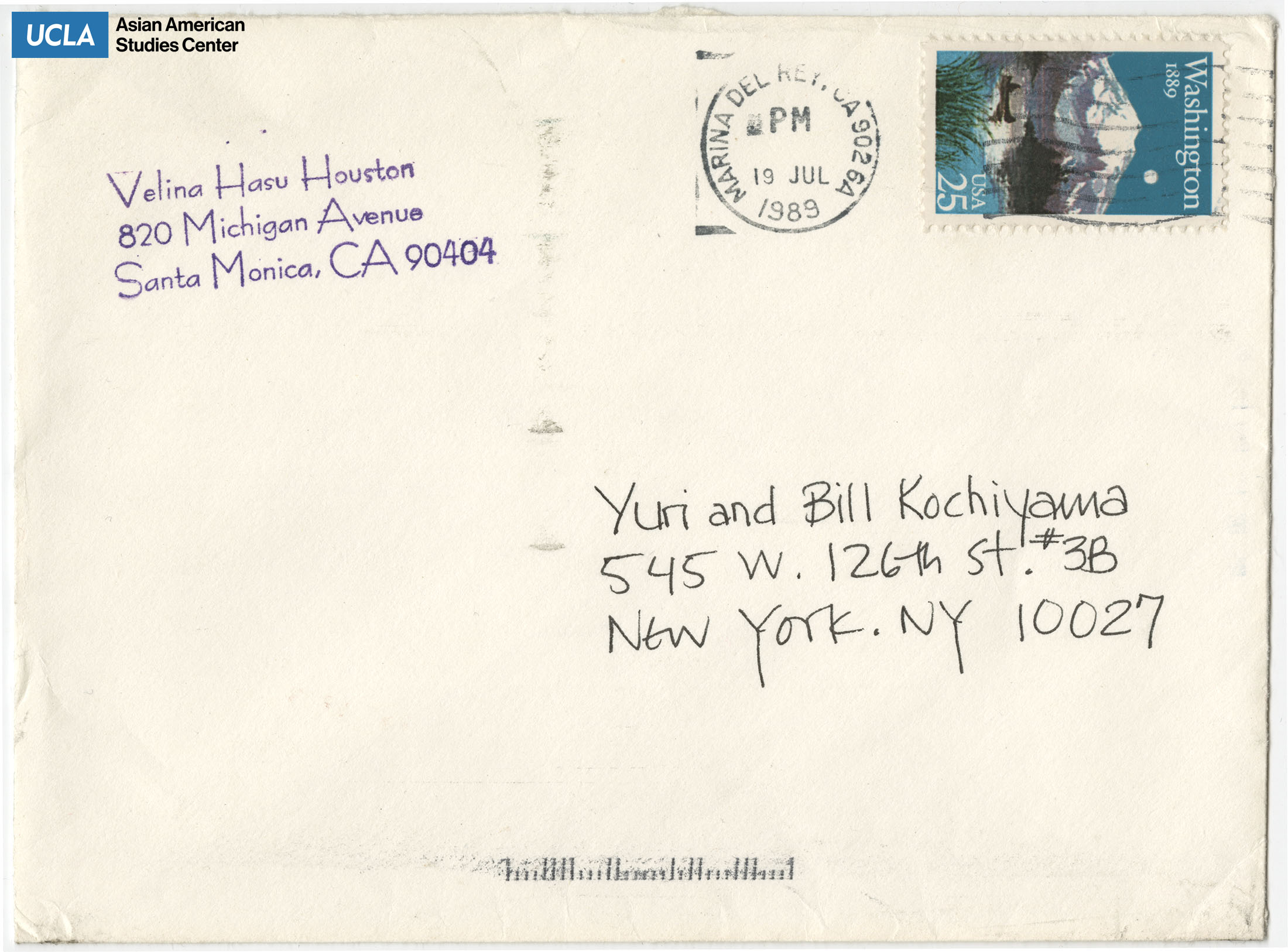 Envelope addressed to Bill and Yuri Kochiyama. Postmarked on July 19, 1989.