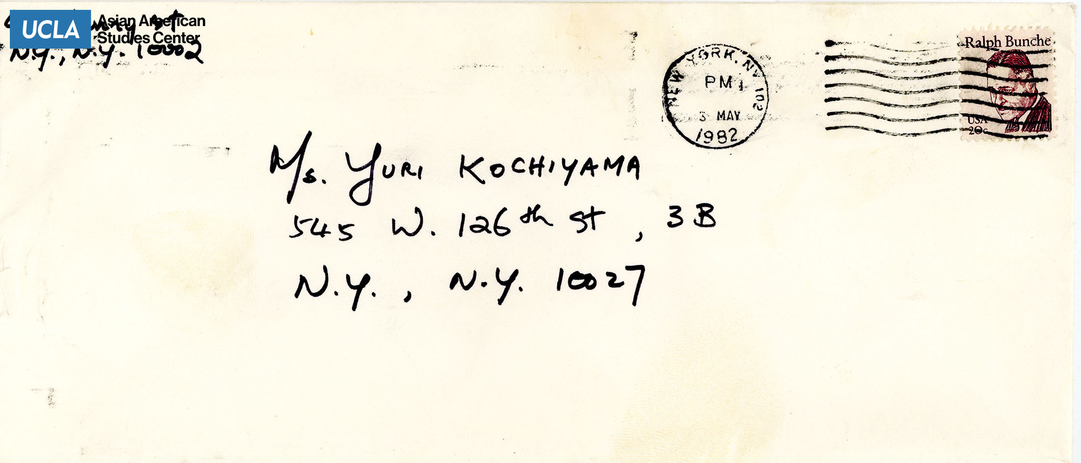 Envelope addressed to Yuri Kochiyama. Postmarked May 3, 1982.