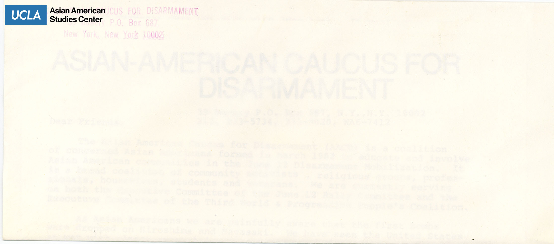 Envelope from Asian Americans Caucus for Disarmament with no address to forward.
