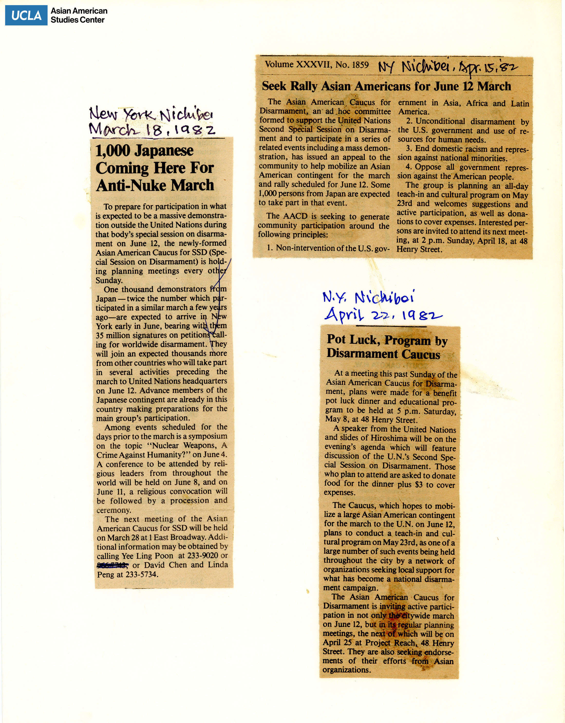 Clippings from New York Nichibei regarding protests on nuclear disarmament from the Asian American Caucus for Disarmement.