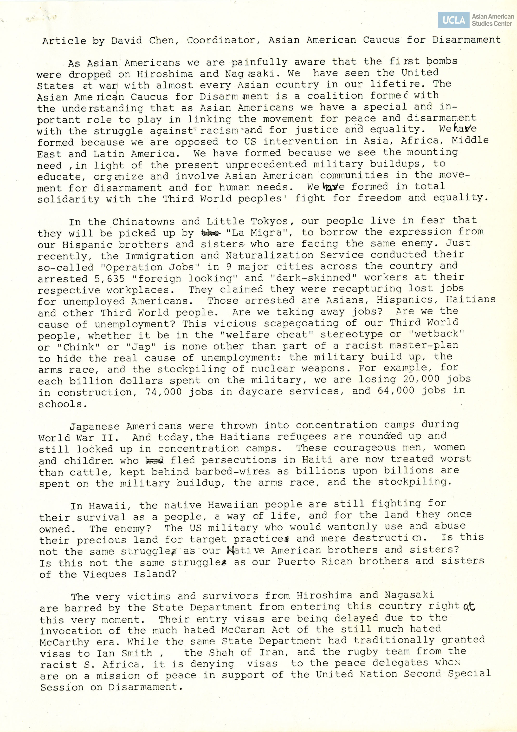 Article written by David Chen regarding nuclear disarmament and the effects from past nuclear bombings, such as, Hiroshima.