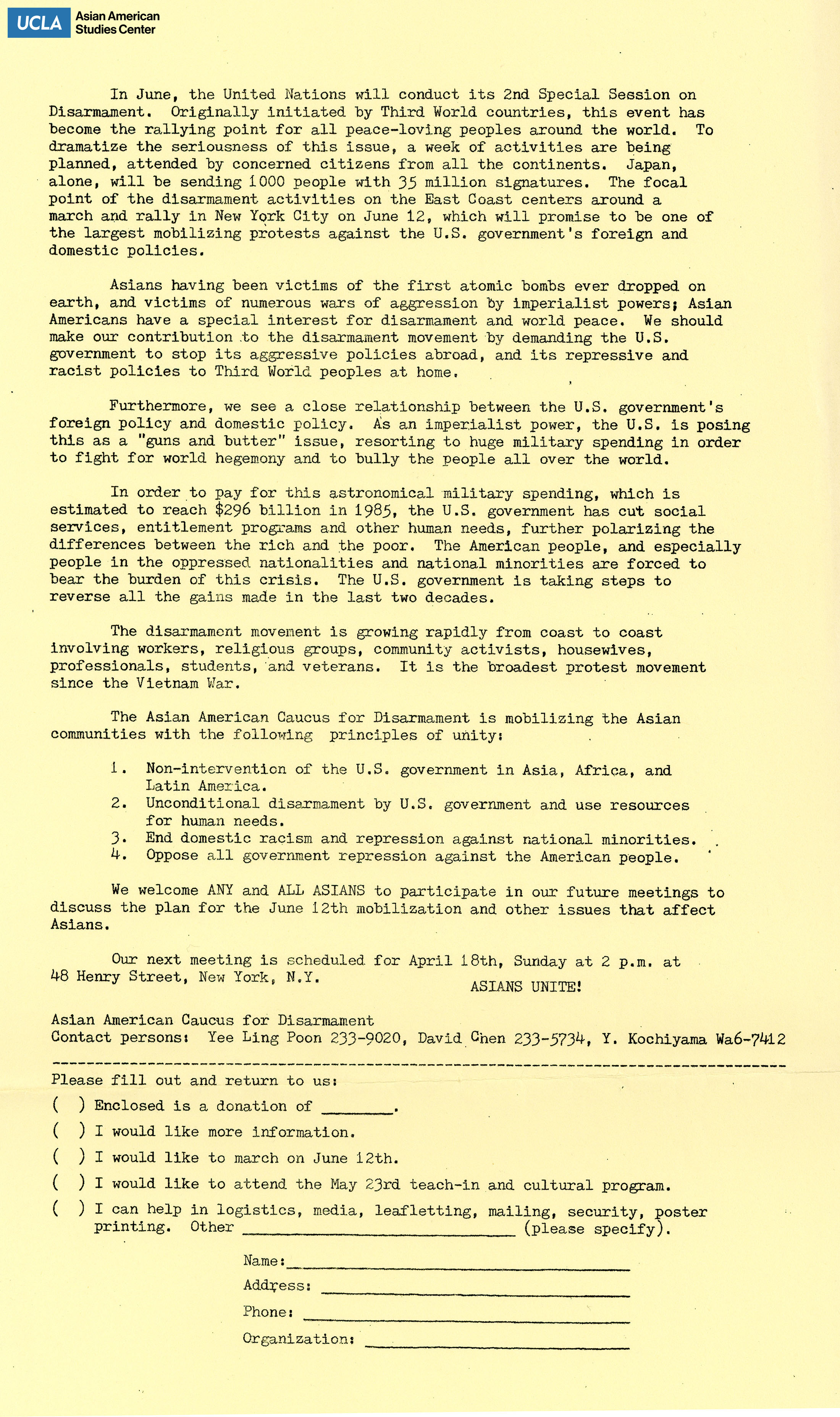 An announcement regarding mobilizing Asians to support nuclear disarmament.