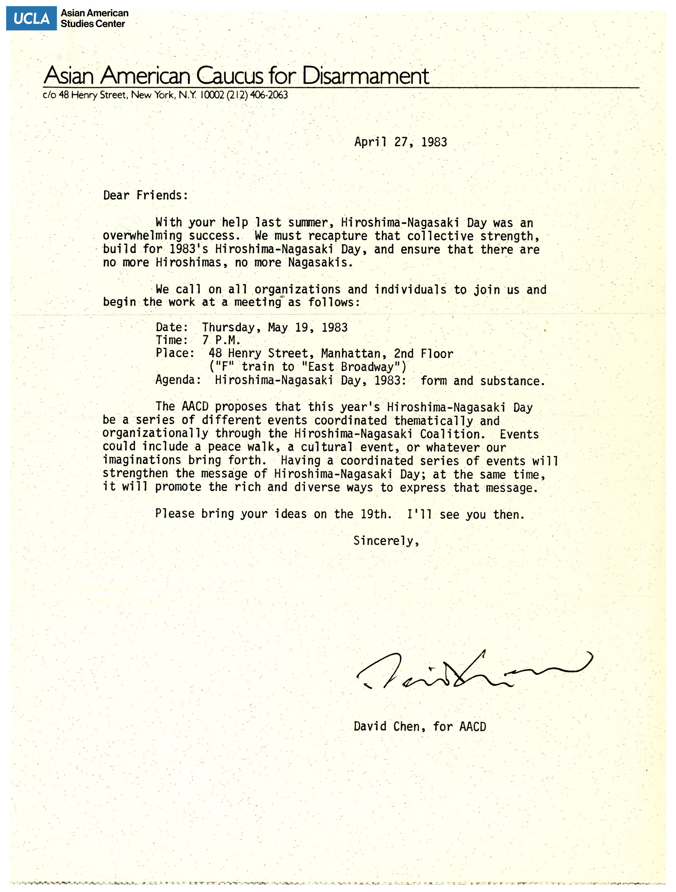 Letter from David Chen for AACD regarding the continuation of Hiroshima-Nagasaki Day.