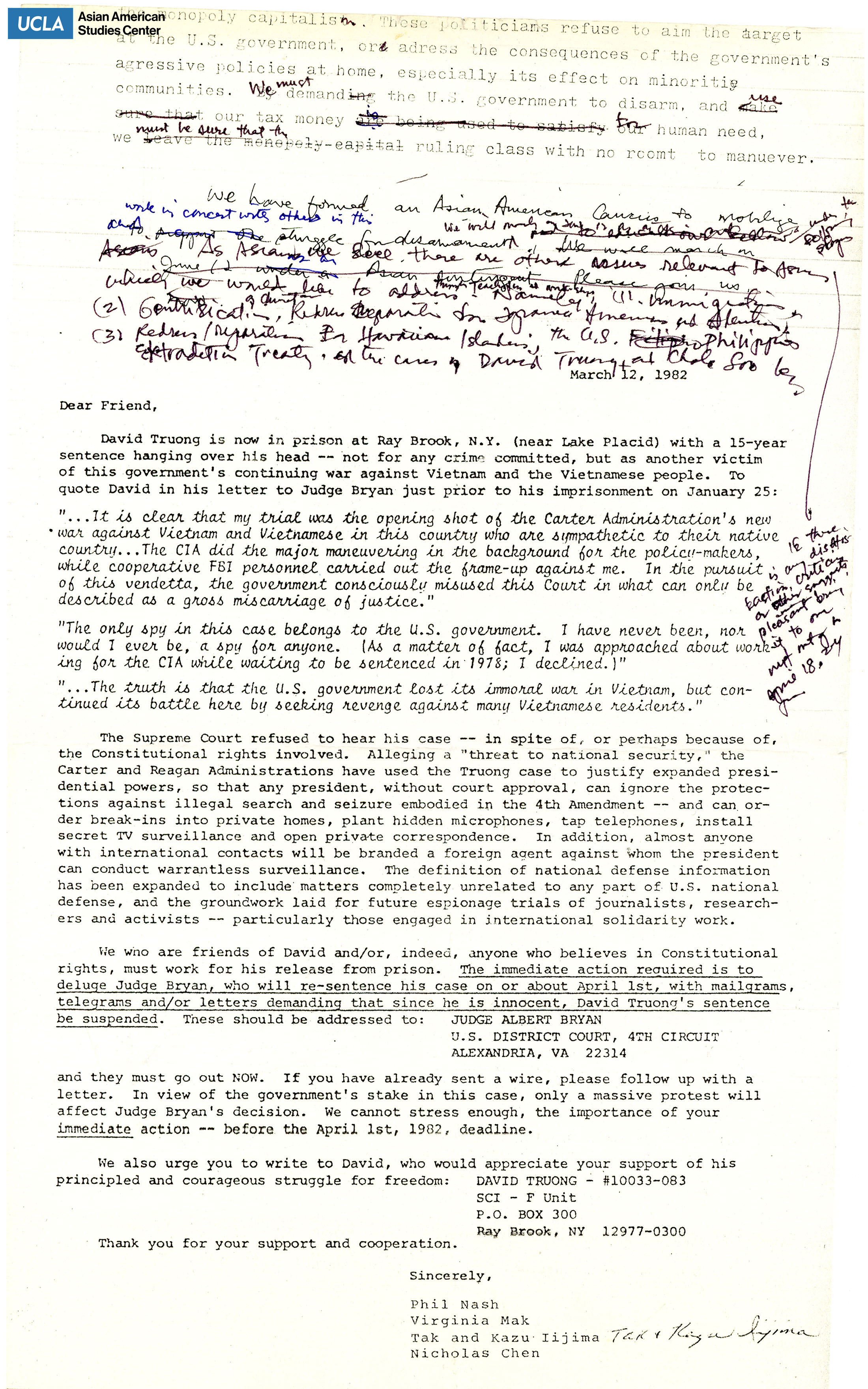 Letter regarding the release and support of David Truong from prison.