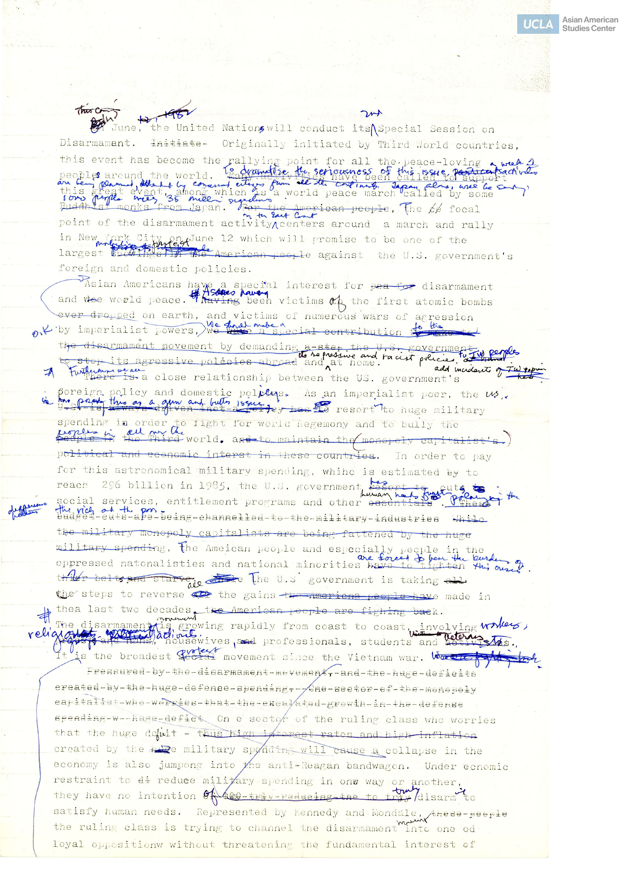 Document regarding a call for Asian American support for nuclear disarmament.